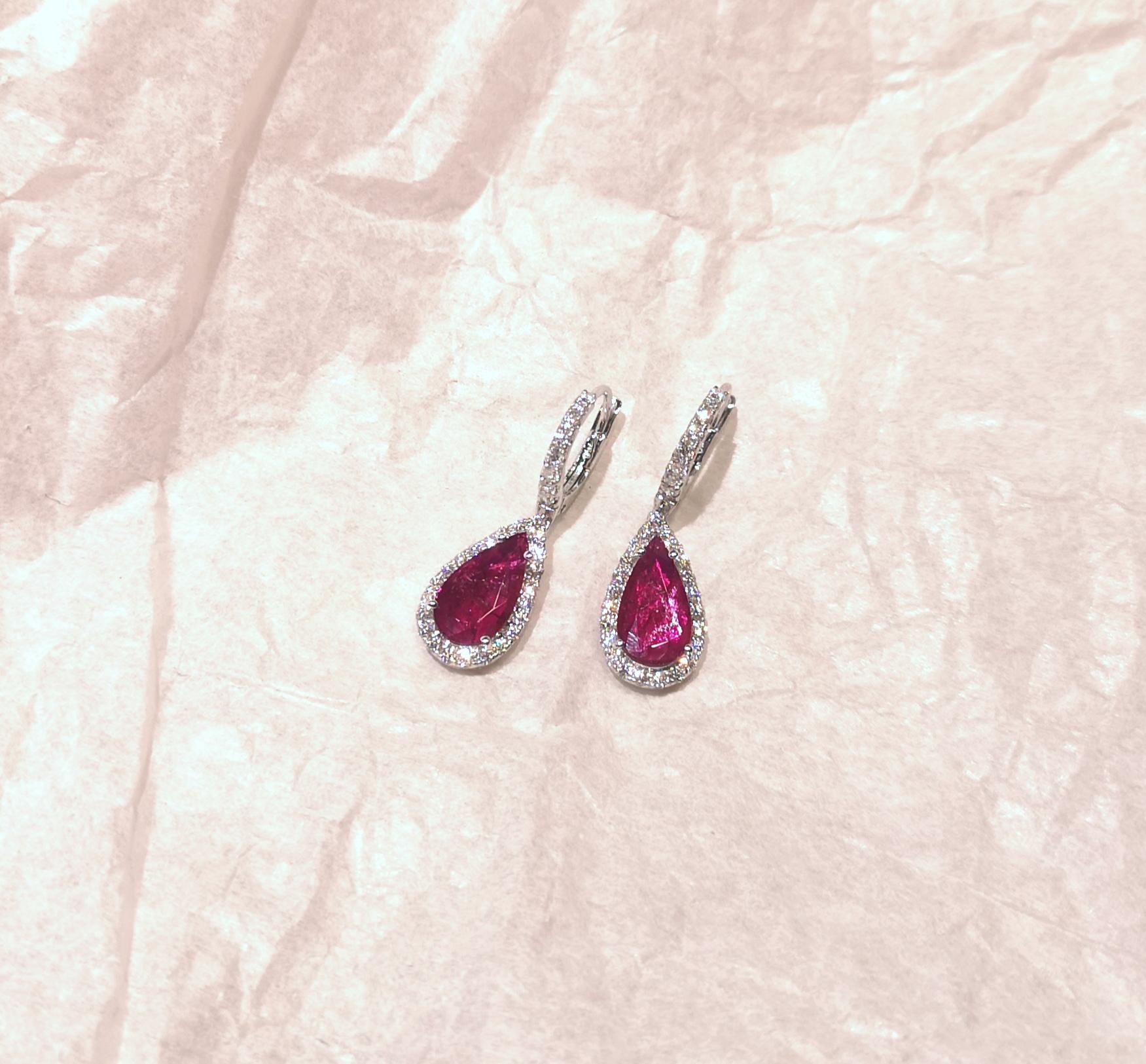 Ruby with Diamond Earrings set in 18K White Gold Settings For Sale 3