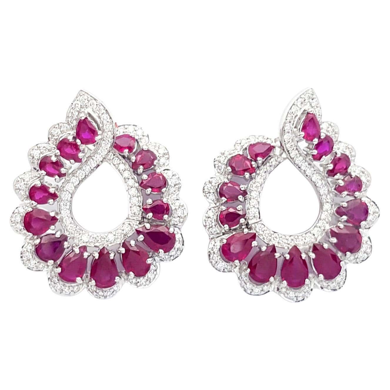 Ruby Disk Earring Ruby with Diamond Earrings Set in 18k White Gold Settings For Sale at ...