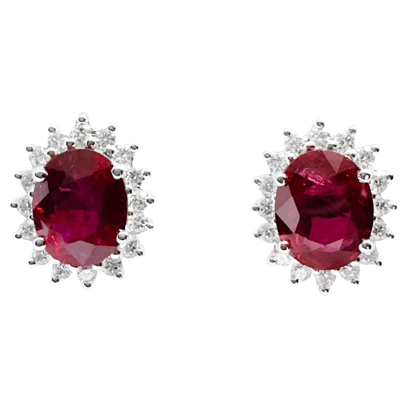 Ruby with Diamond Earrings set in 18K White Gold Settings For Sale