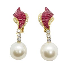 Ruby with Diamond Earrings with Detachable South Sea Pearl in 18K Gold Settings