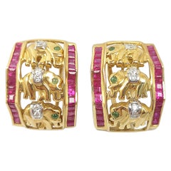 Ruby with Diamond Elephant Earrings Set in 18 Karat Gold Settings