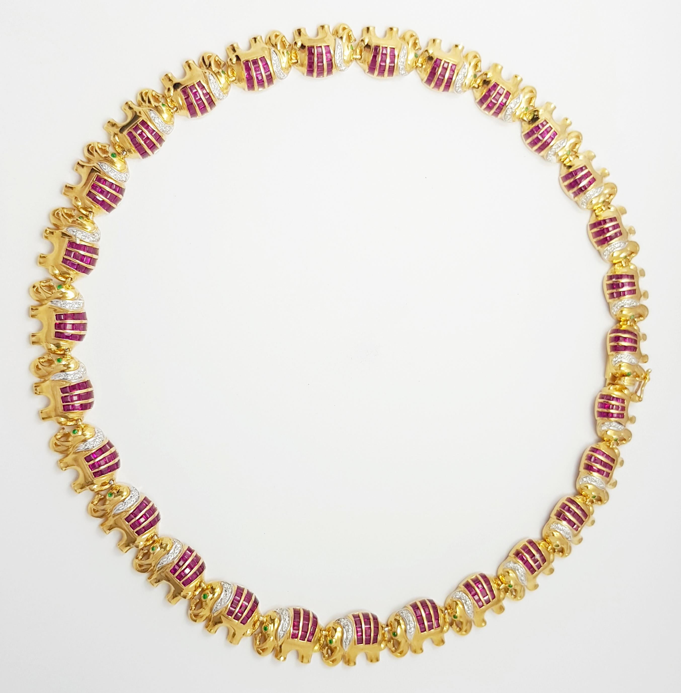 Contemporary Ruby with Diamond Elephant Necklace set in 18K Gold Settings For Sale