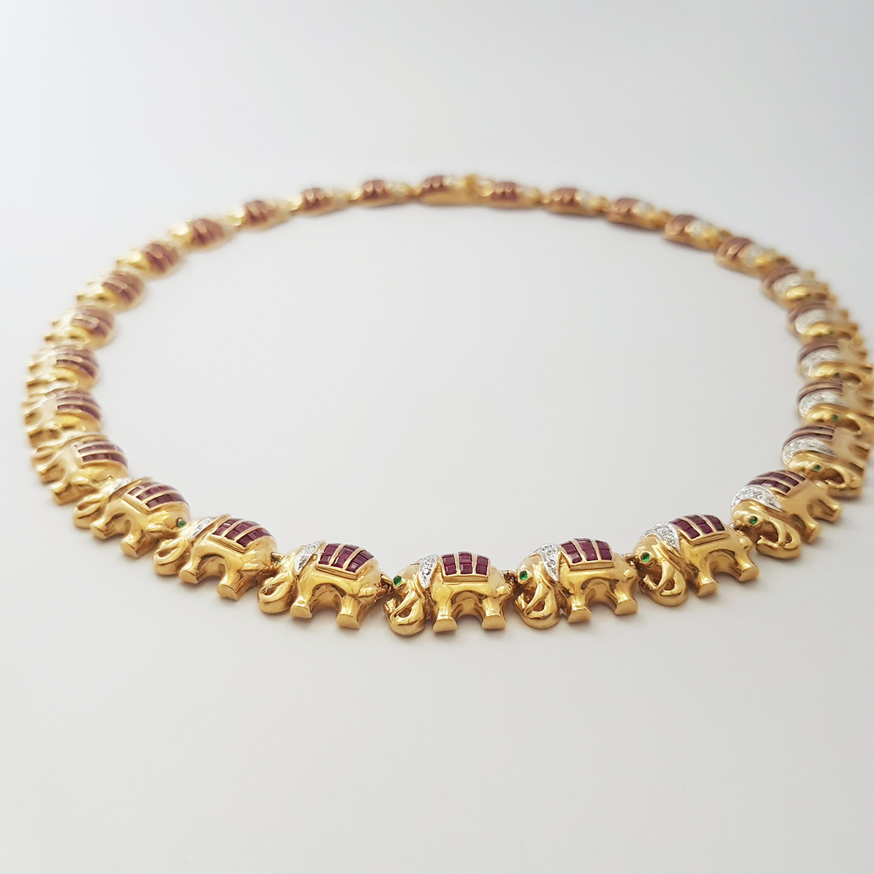 Princess Cut Ruby with Diamond Elephant Necklace set in 18K Gold Settings For Sale