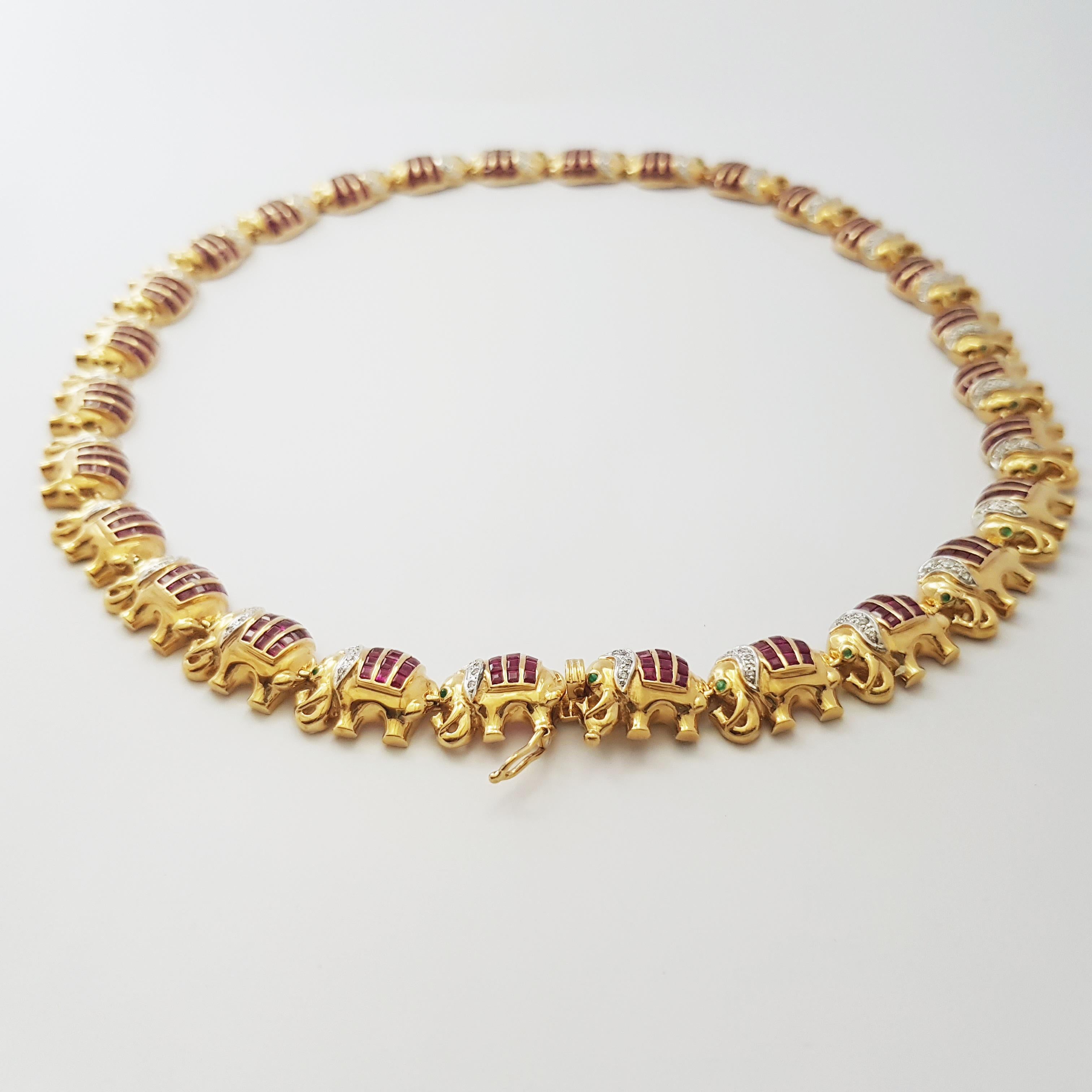 Women's Ruby with Diamond Elephant Necklace set in 18K Gold Settings For Sale