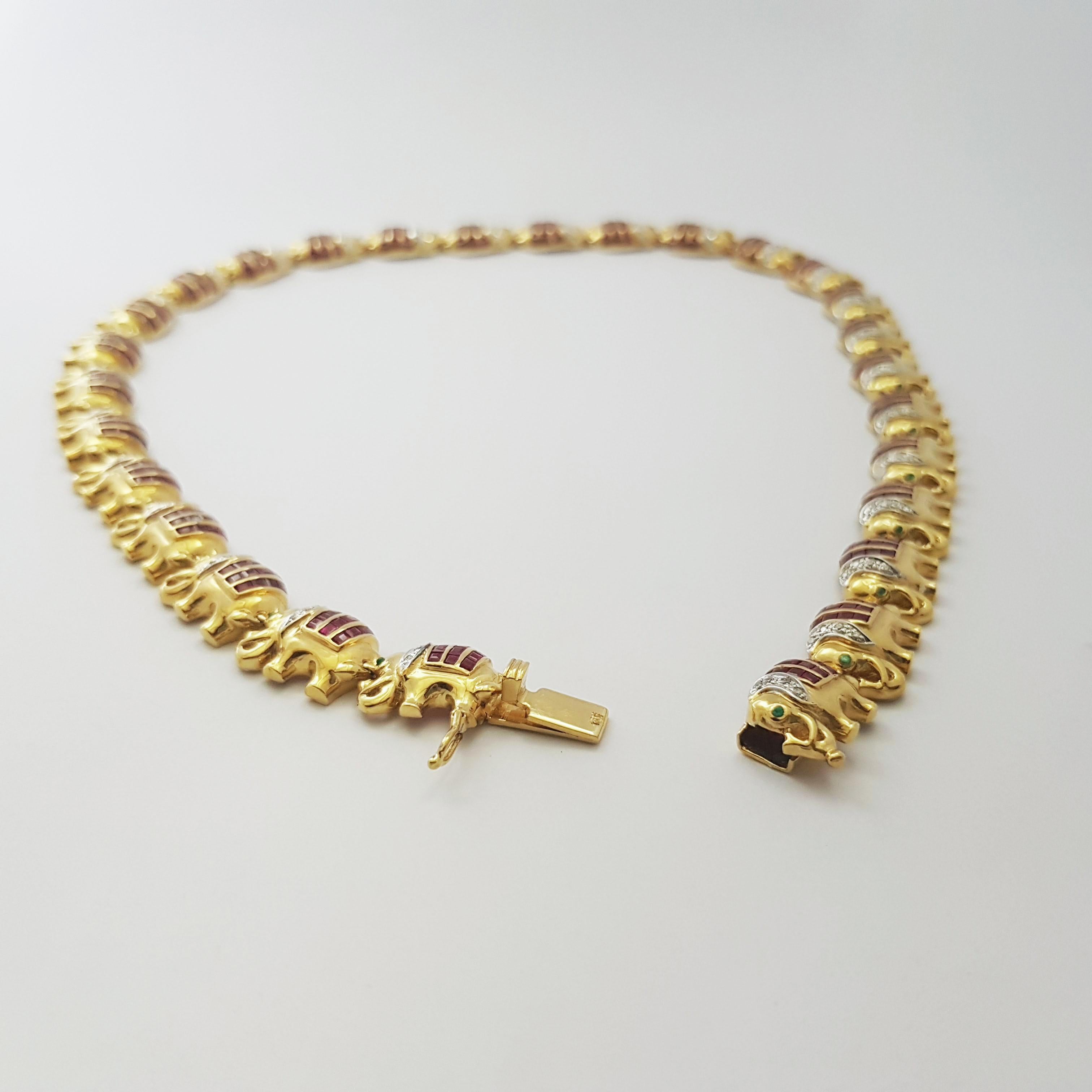 Ruby with Diamond Elephant Necklace set in 18K Gold Settings For Sale 1