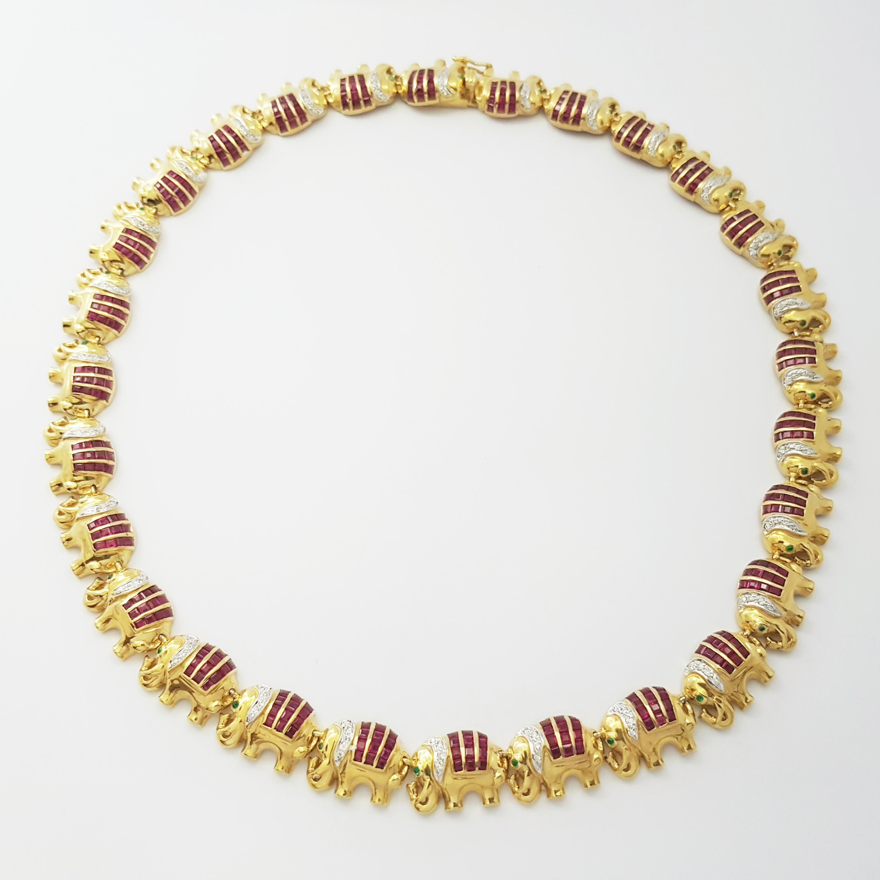 Ruby with Diamond Elephant Necklace set in 18K Gold Settings For Sale 2