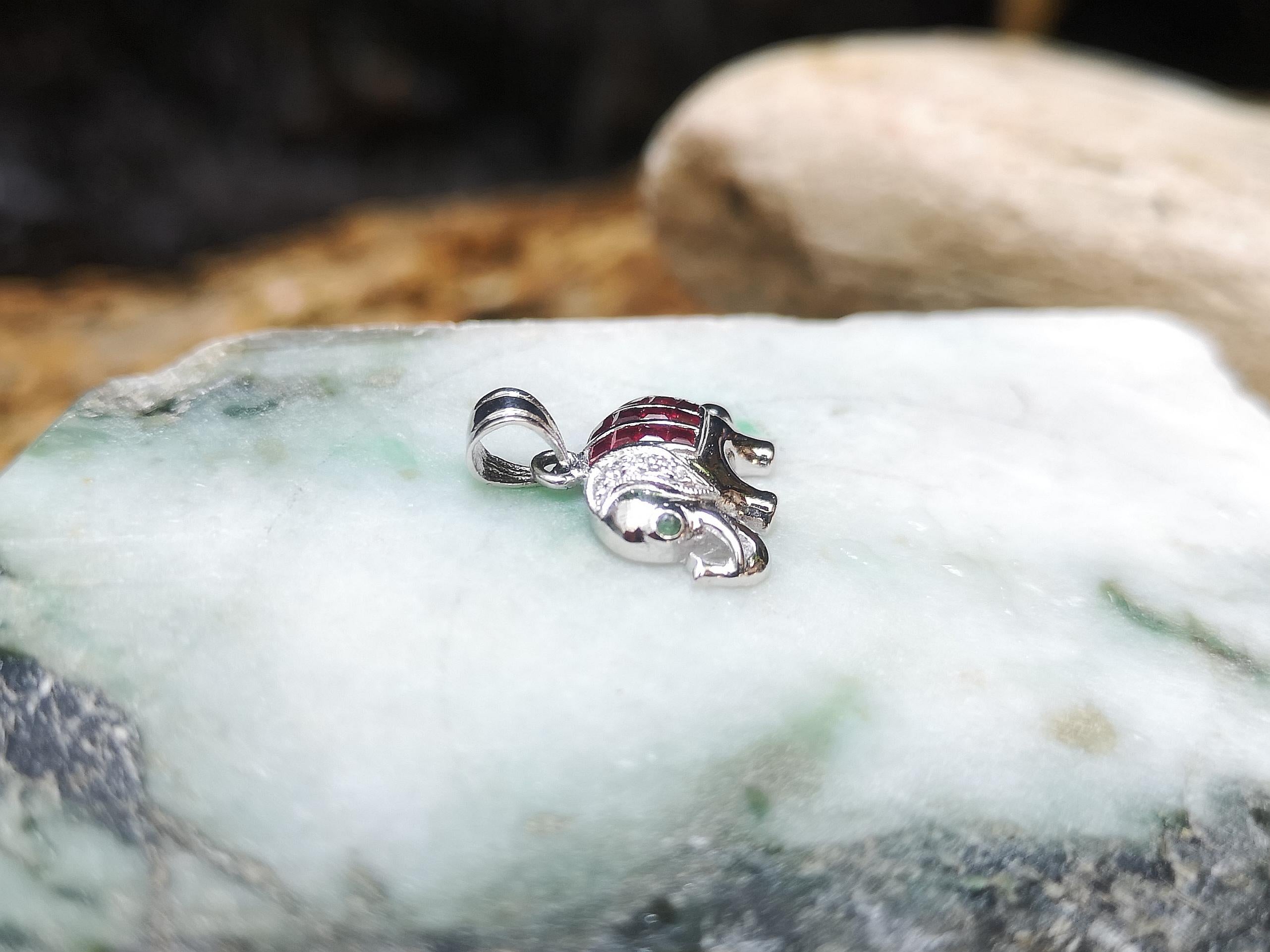 Contemporary Ruby with Diamond Elephant Pendant Set in 18 Karat White Gold Settings