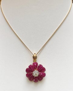 Ruby with Diamond Flower Brooch/Pendant Set in 18 Karat Gold Settings