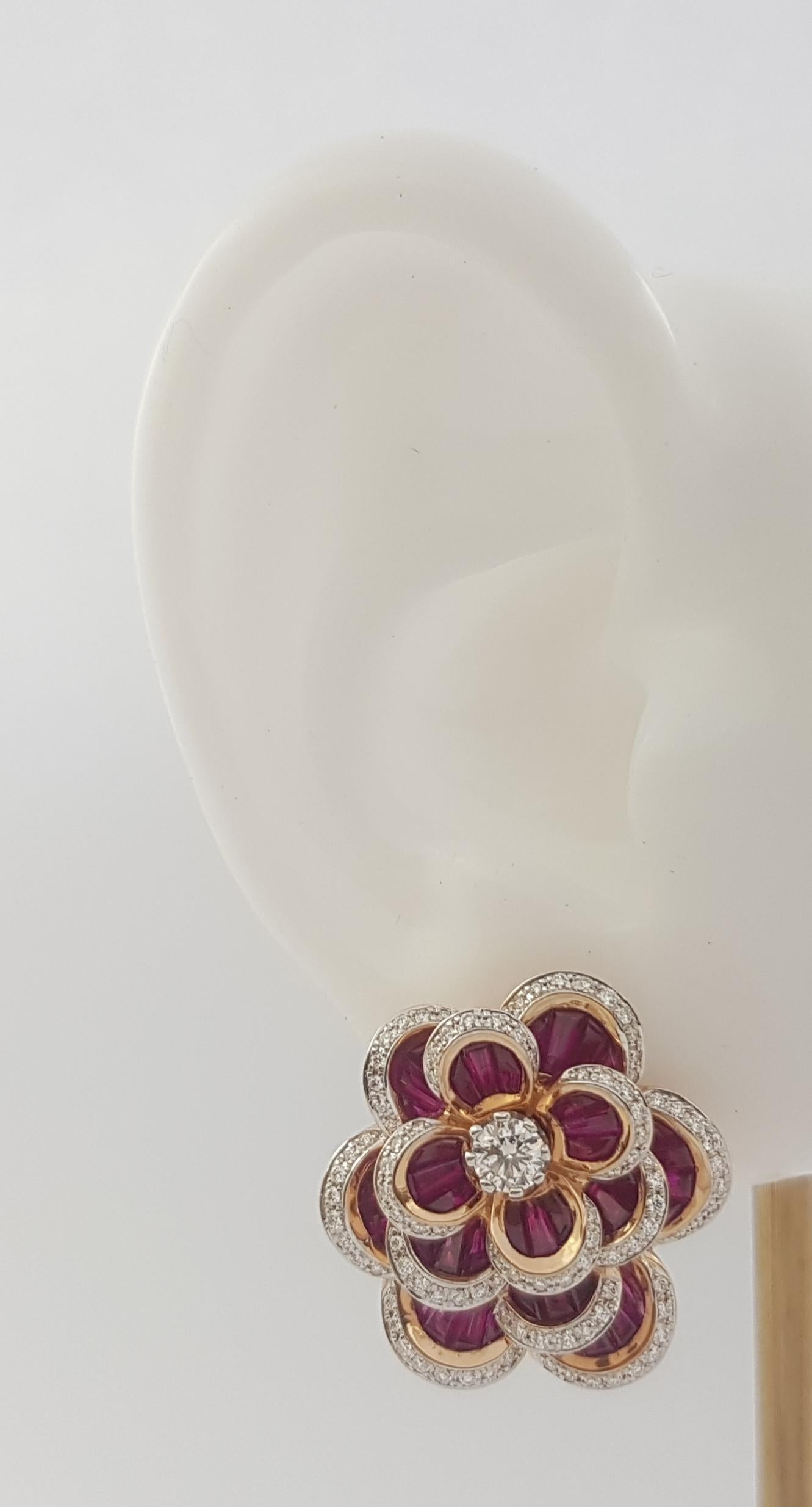 Contemporary Ruby with Diamond Flower Earrings set in 18 Karat Rose Gold Settings For Sale