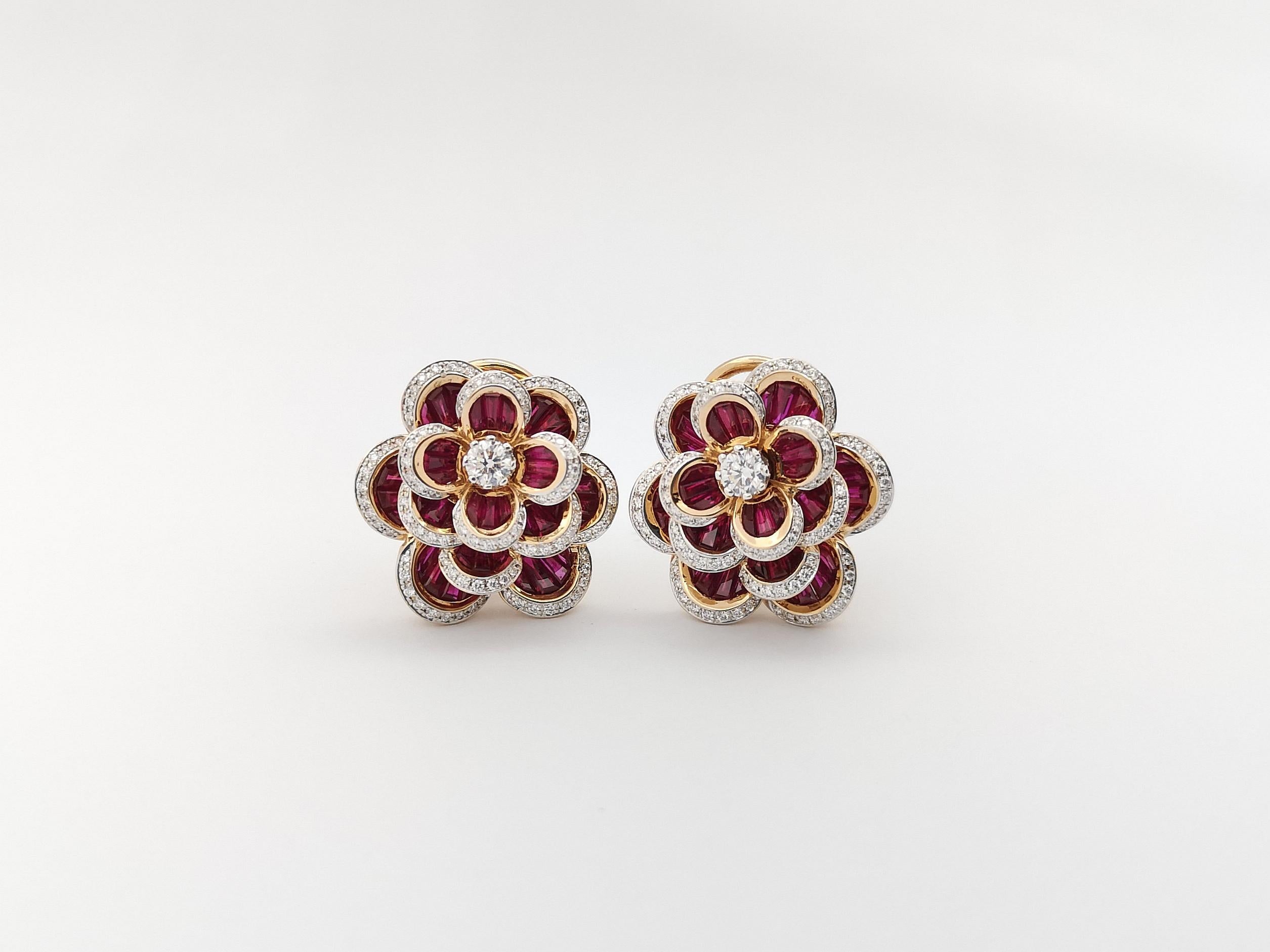 Mixed Cut Ruby with Diamond Flower Earrings set in 18 Karat Rose Gold Settings For Sale
