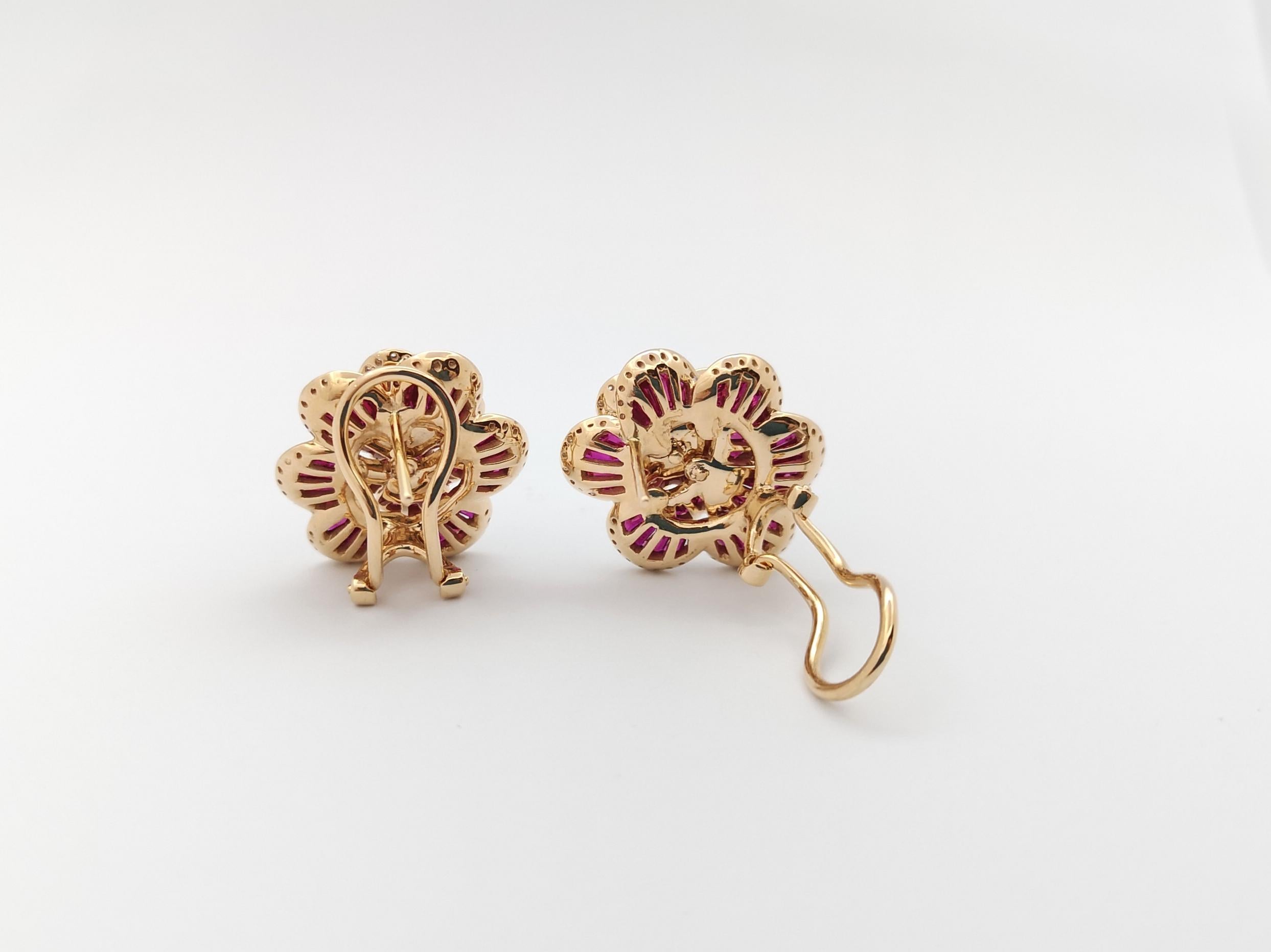 Women's Ruby with Diamond Flower Earrings set in 18 Karat Rose Gold Settings For Sale