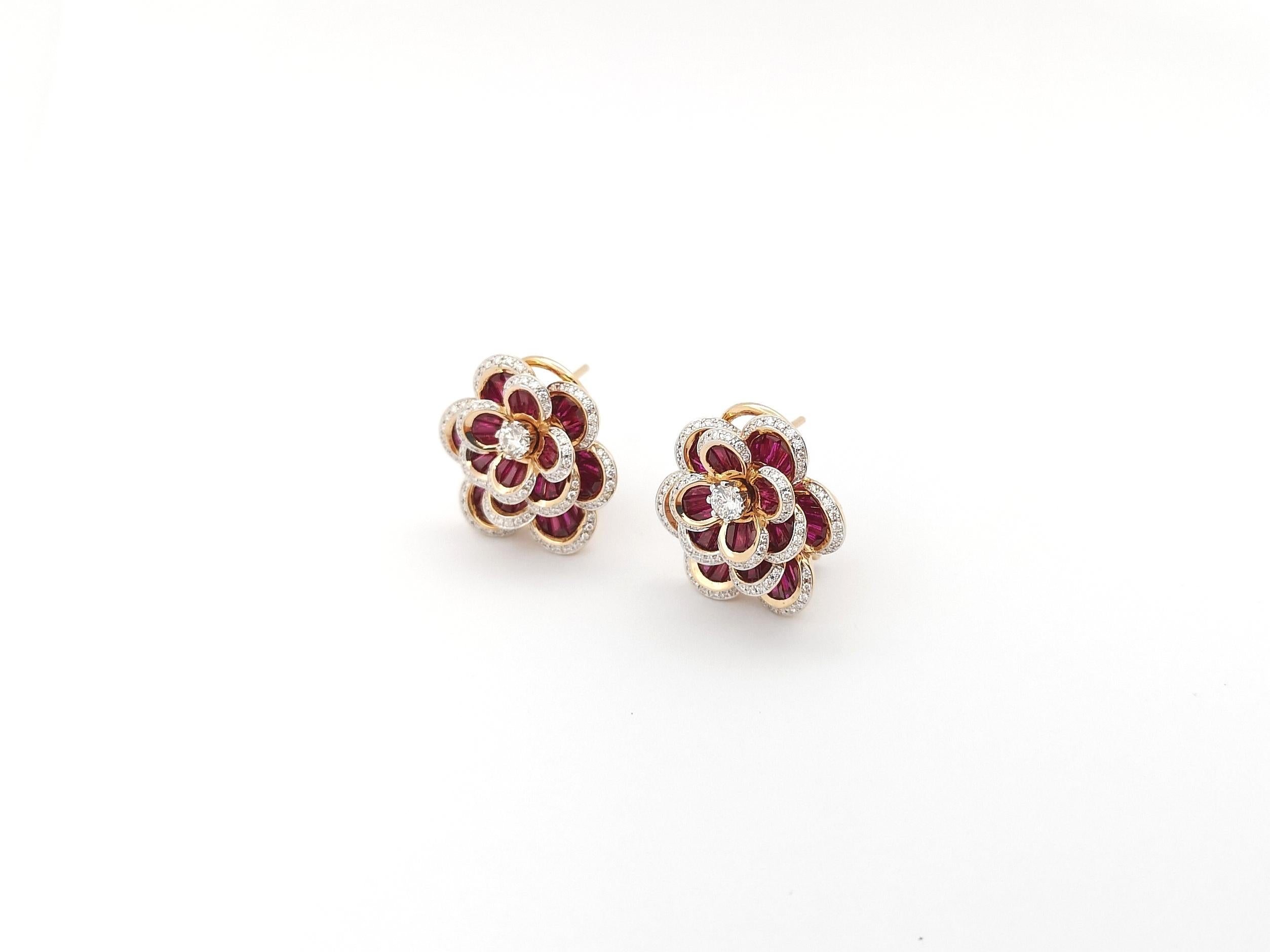 Ruby with Diamond Flower Earrings set in 18 Karat Rose Gold Settings For Sale 1