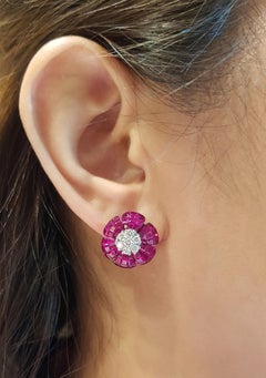 Ruby with Diamond Flower Earrings Set in 18 Karat White Gold Settings