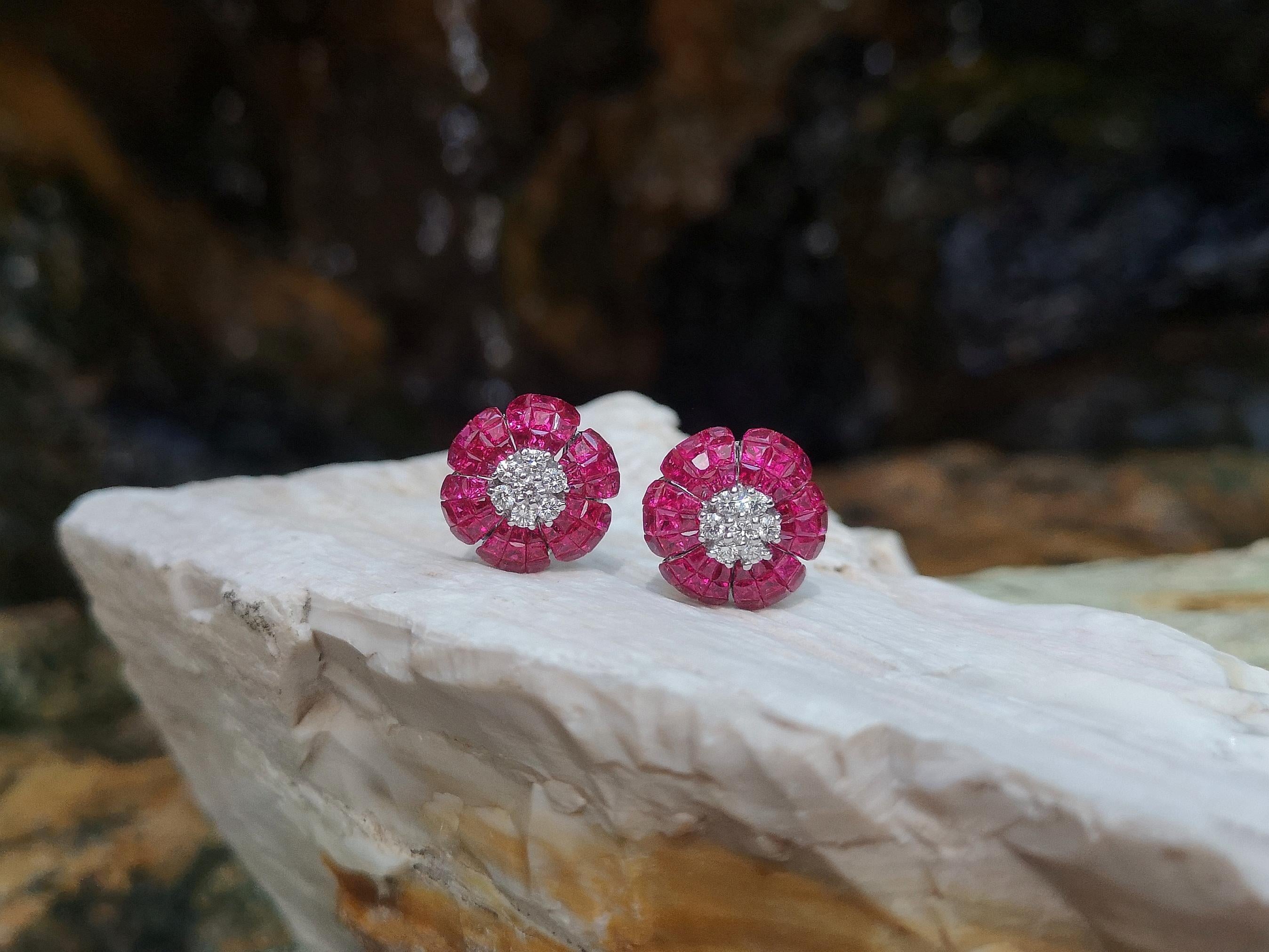 Contemporary Ruby with Diamond Flower Earrings Set in 18 Karat White Gold Settings For Sale