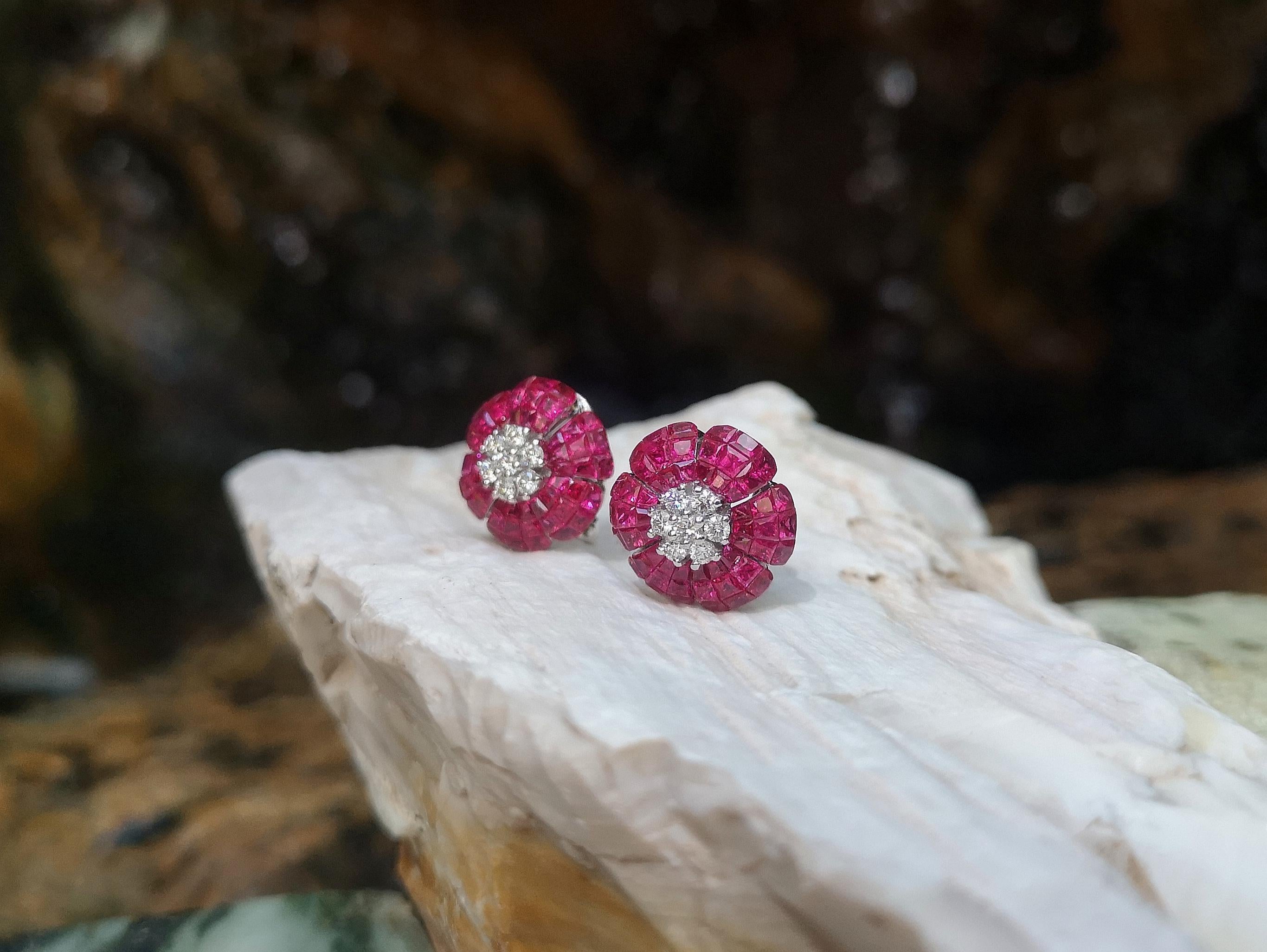 Mixed Cut Ruby with Diamond Flower Earrings Set in 18 Karat White Gold Settings For Sale