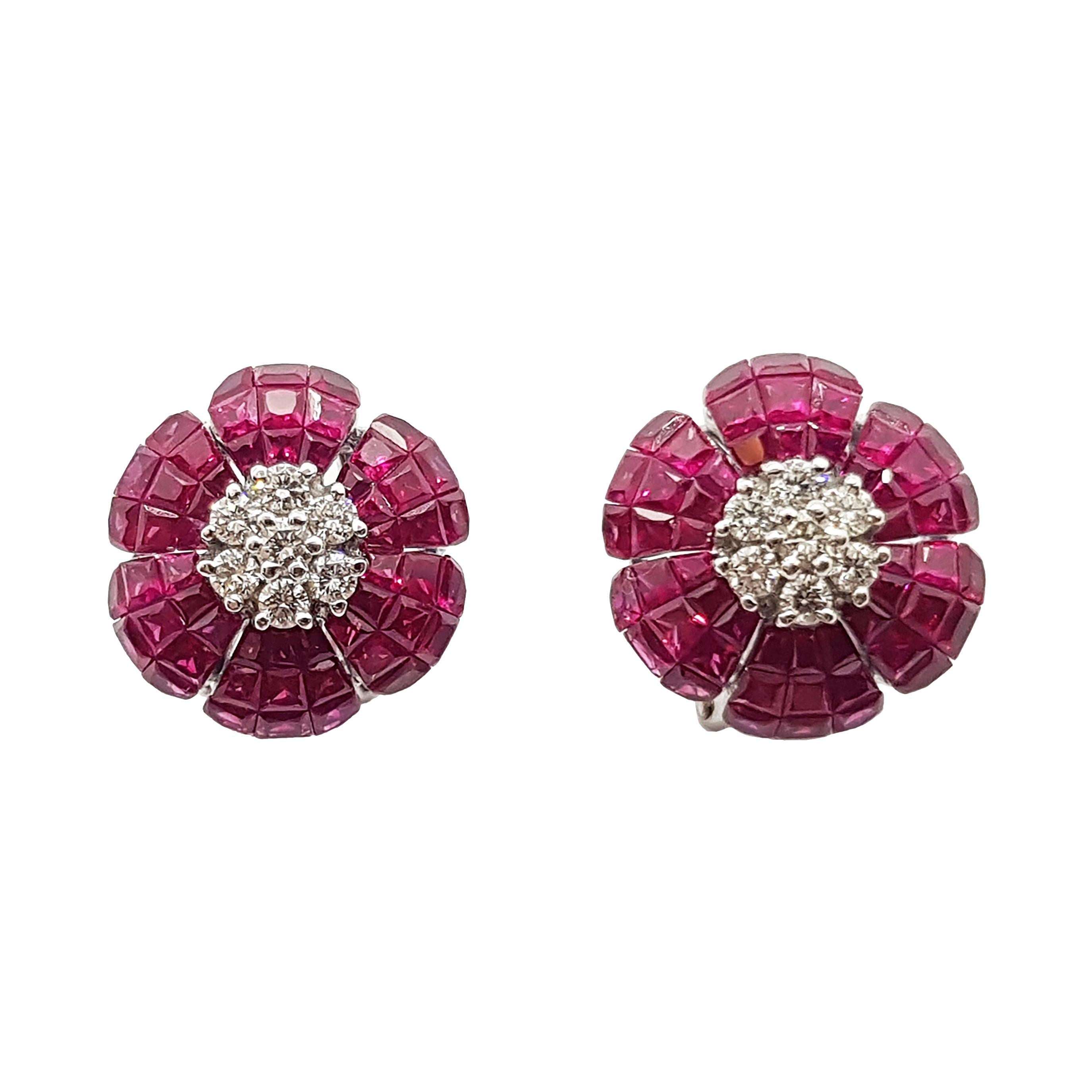Ruby with Diamond Flower Earrings Set in 18 Karat White Gold Settings For Sale