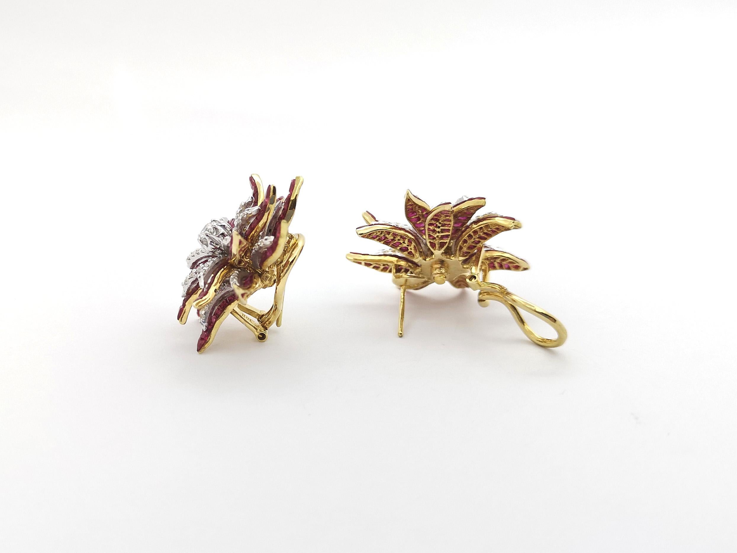 Ruby with Diamond Flower Earrings set in 18K Gold Settings For Sale 4