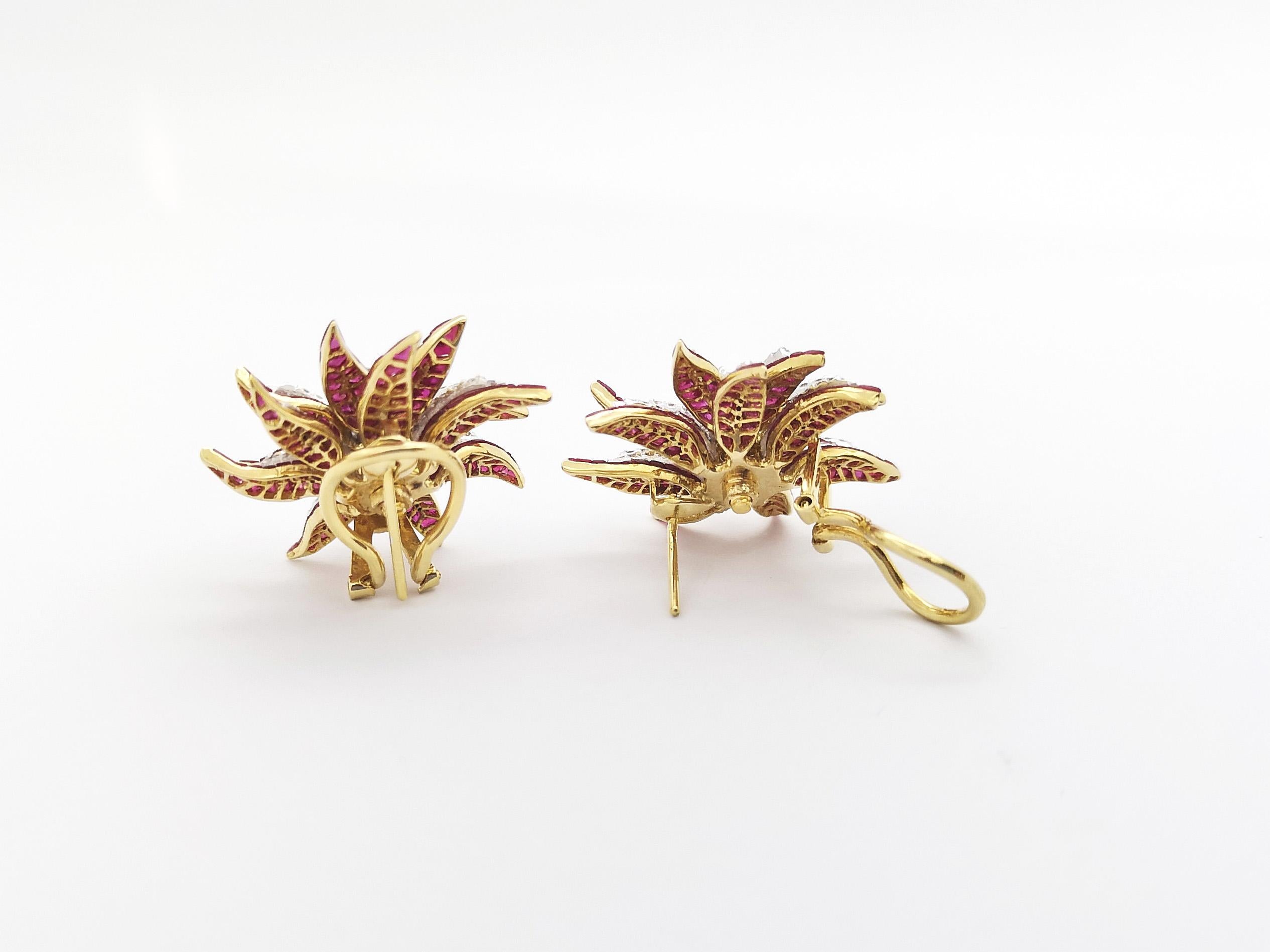 Ruby with Diamond Flower Earrings set in 18K Gold Settings For Sale 5