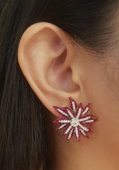 Ruby with Diamond Flower Earrings set in 18K Gold Settings