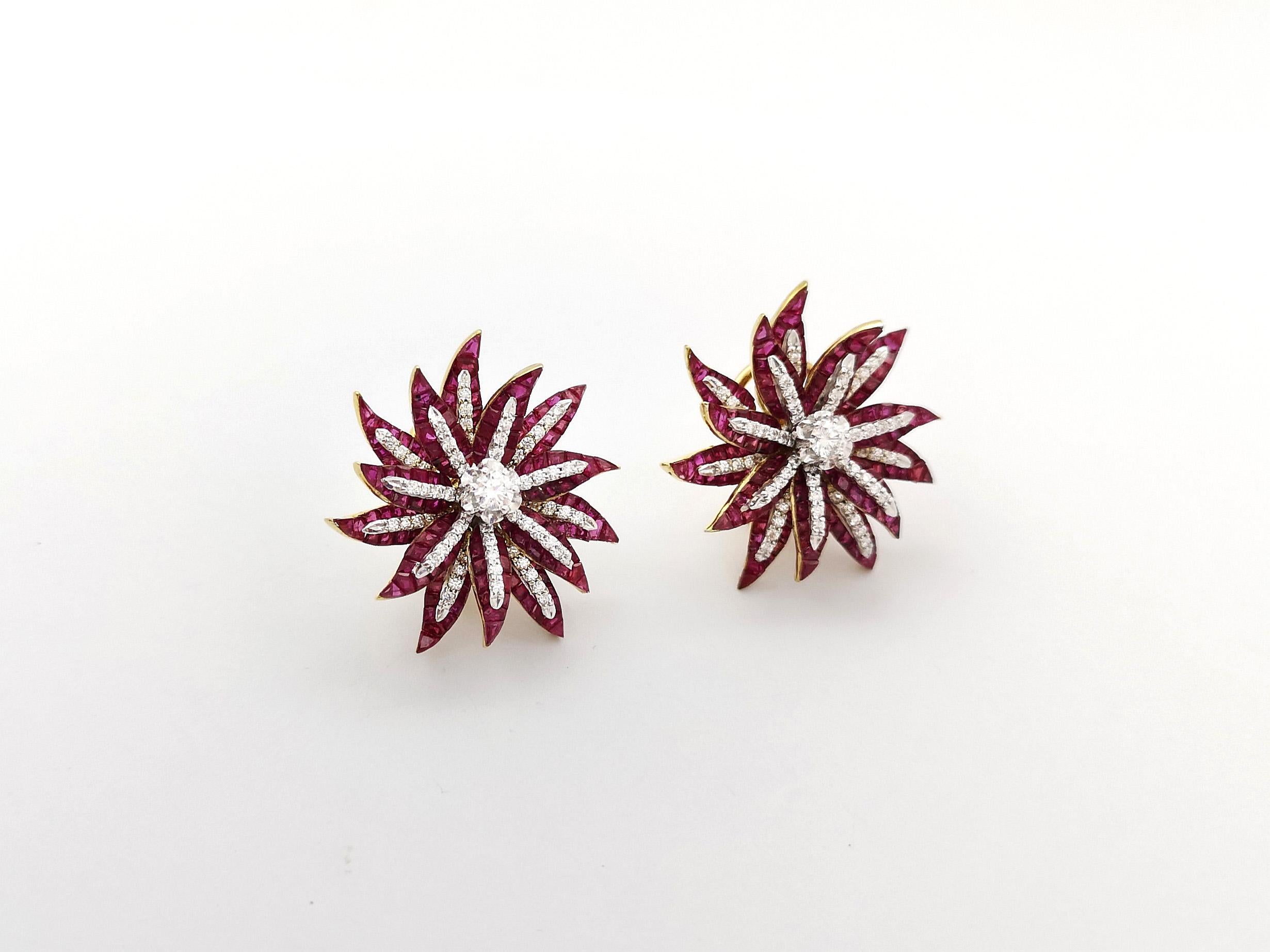 Contemporary Ruby with Diamond Flower Earrings set in 18K Gold Settings For Sale