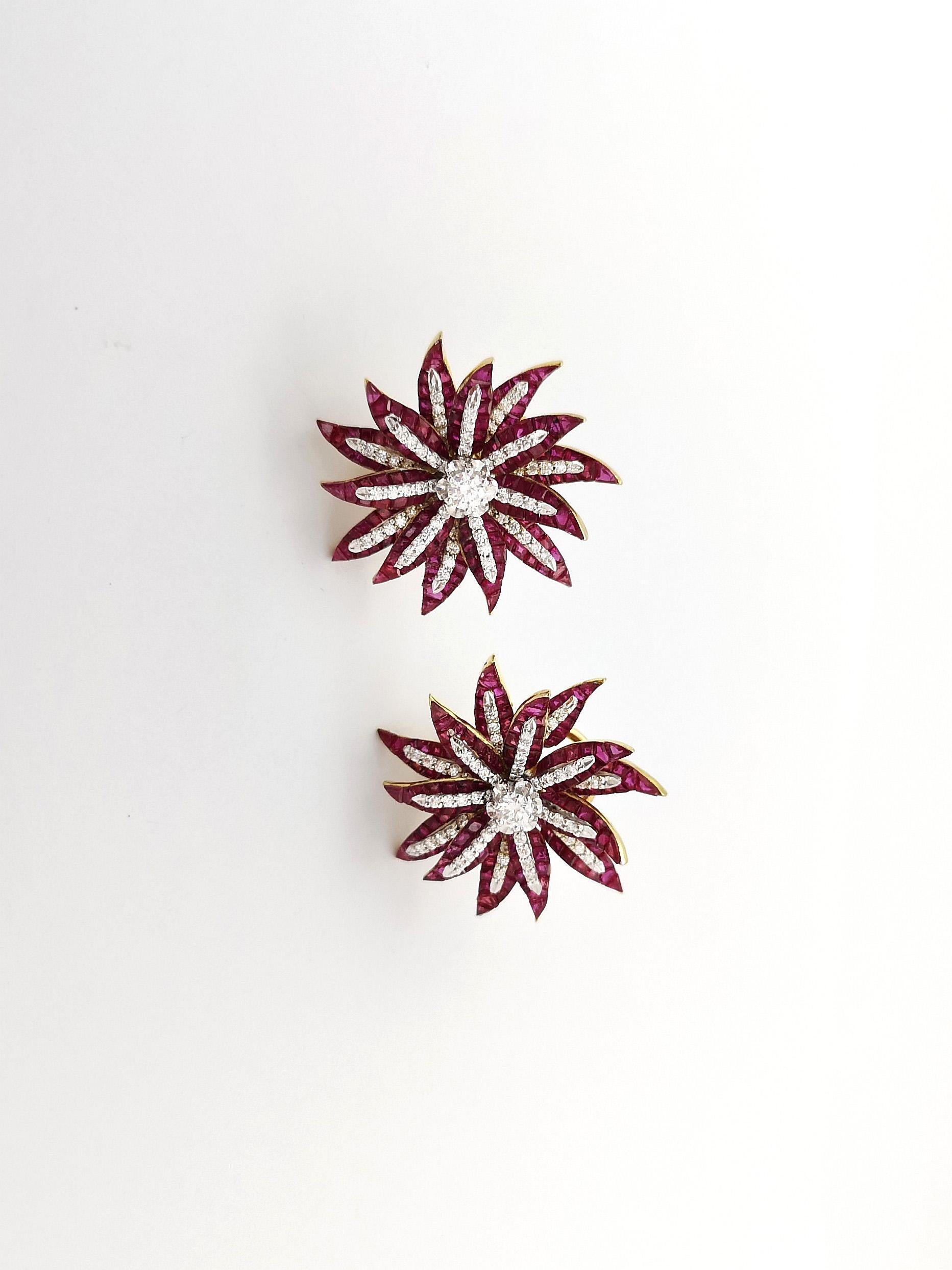Brilliant Cut Ruby with Diamond Flower Earrings set in 18K Gold Settings For Sale