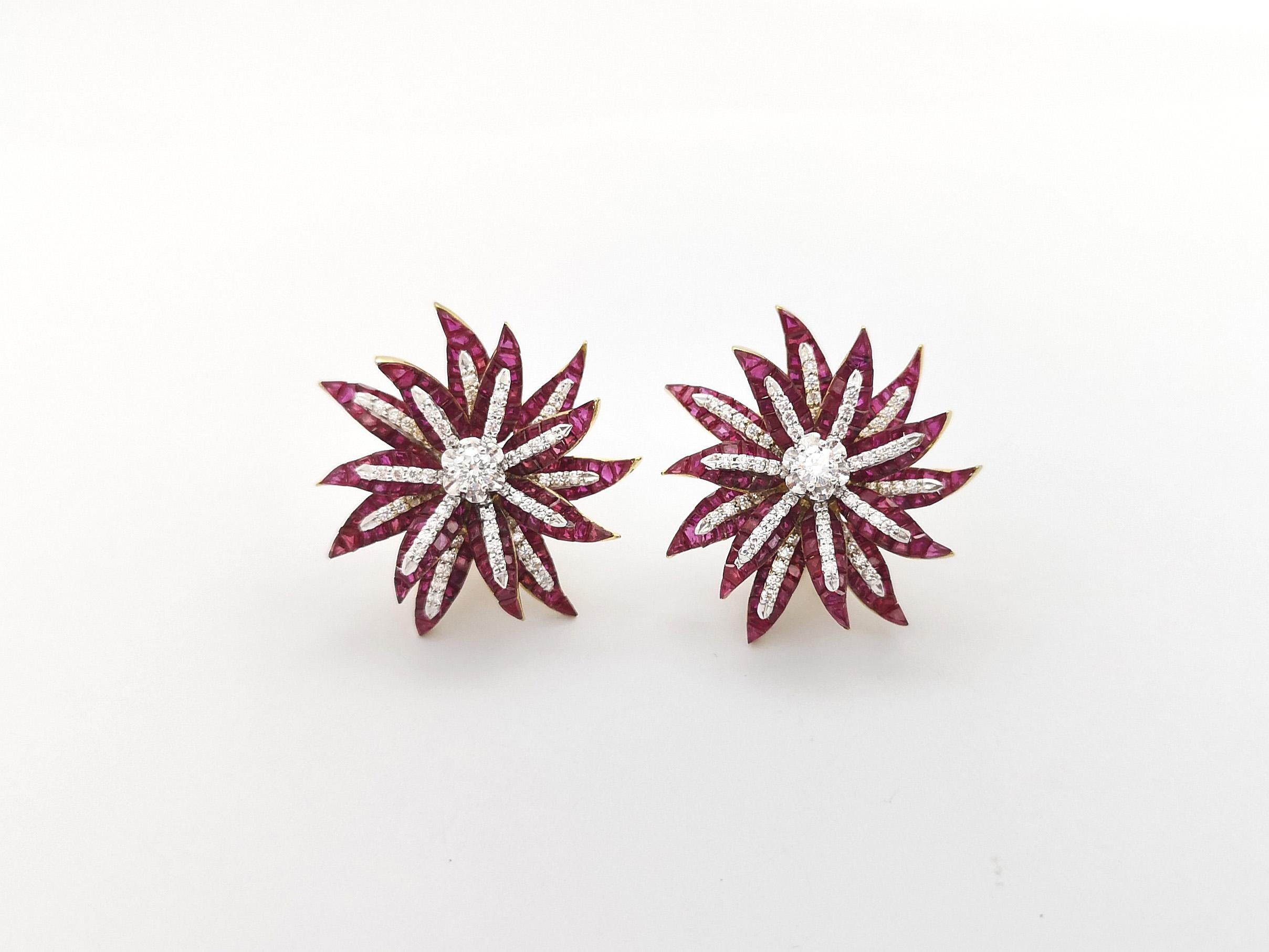 Ruby with Diamond Flower Earrings set in 18K Gold Settings For Sale 1
