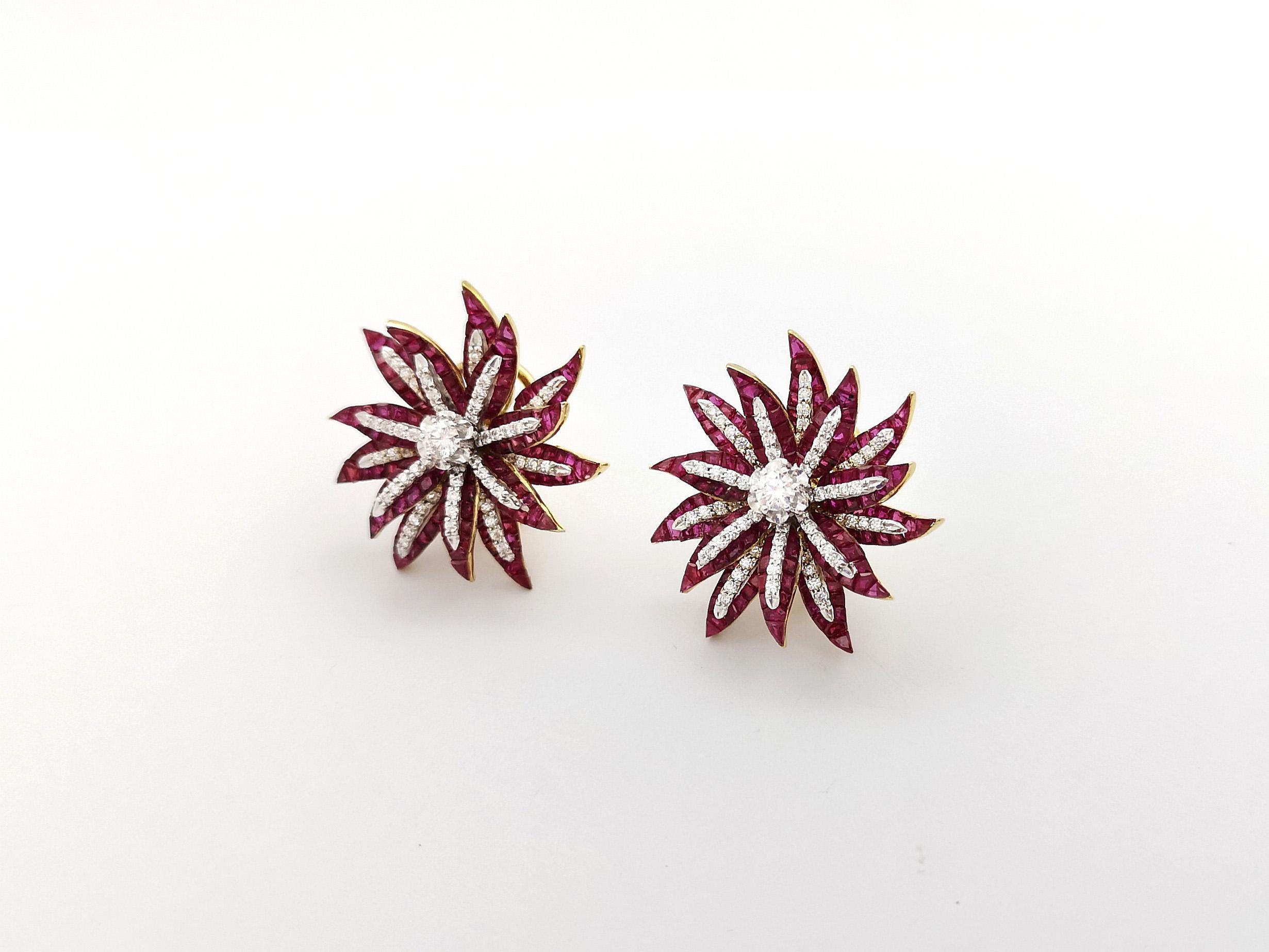 Ruby with Diamond Flower Earrings set in 18K Gold Settings For Sale 2