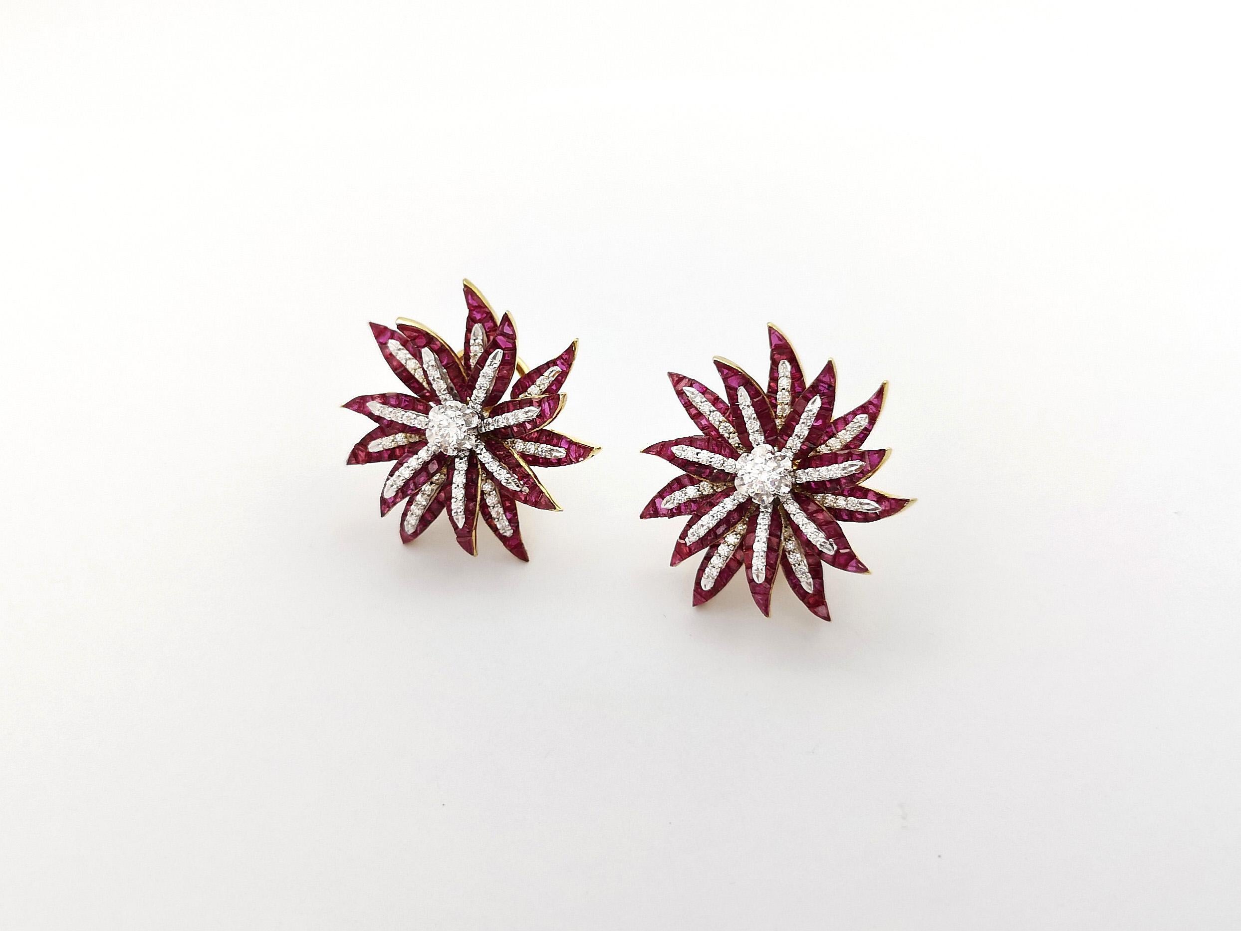 Ruby with Diamond Flower Earrings set in 18K Gold Settings For Sale 3