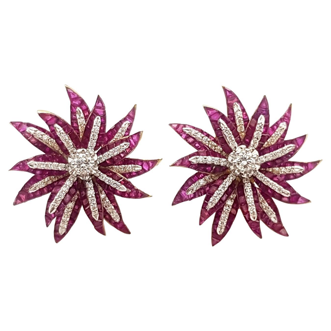 Ruby with Diamond Flower Earrings set in 18K Gold Settings