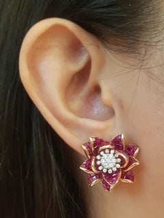 Ruby with Diamond Flower Earrings Set in 18k Rose Gold Setting