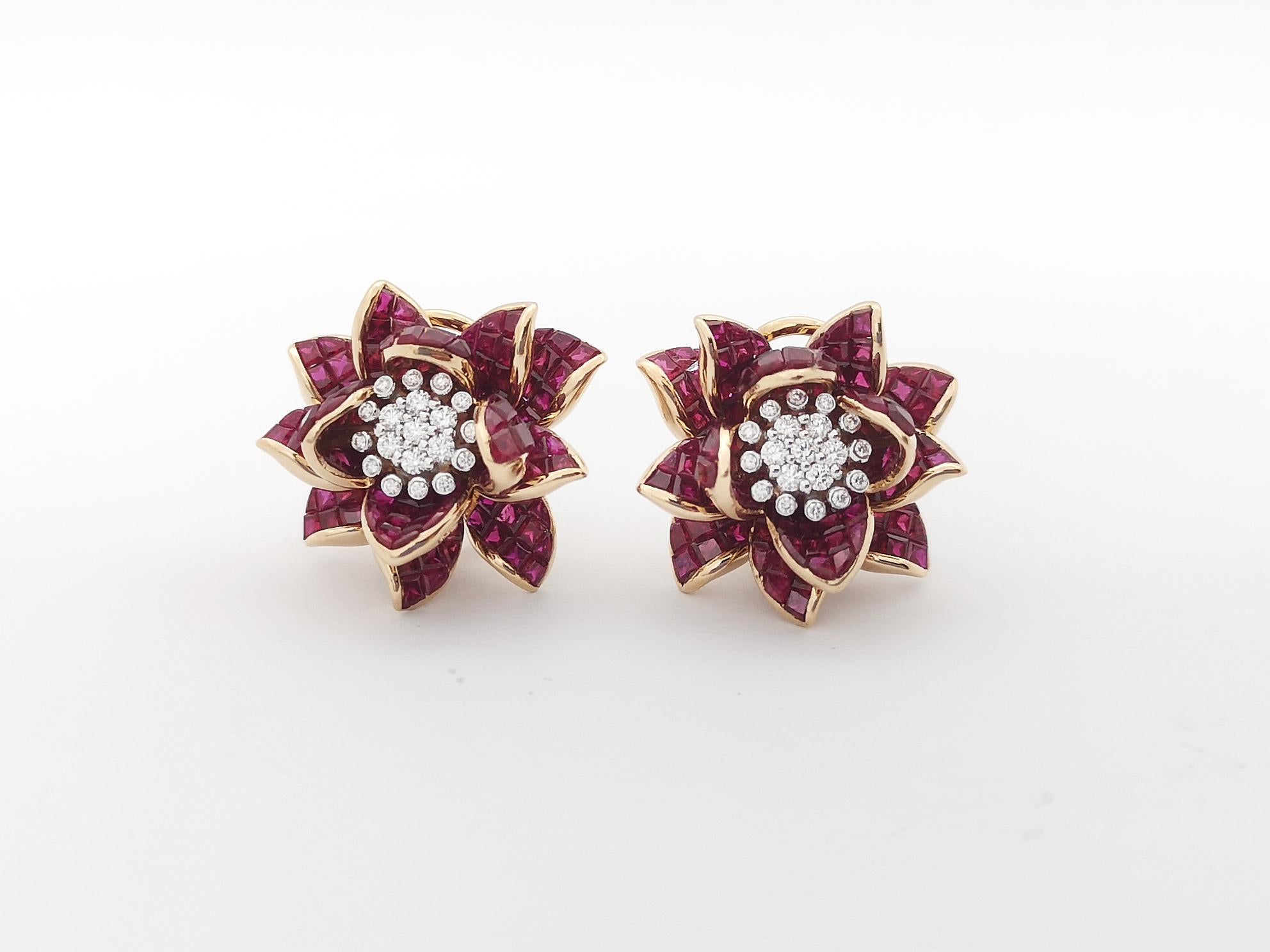 Mixed Cut Ruby with Diamond Flower Earrings Set in 18k Rose Gold Setting For Sale