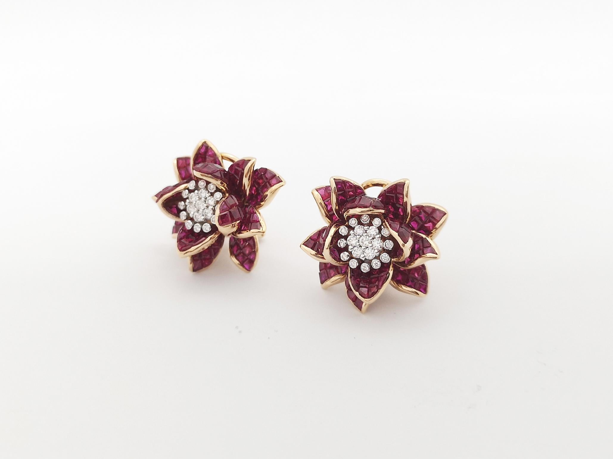 Ruby with Diamond Flower Earrings Set in 18k Rose Gold Setting In New Condition For Sale In Bangkok, TH