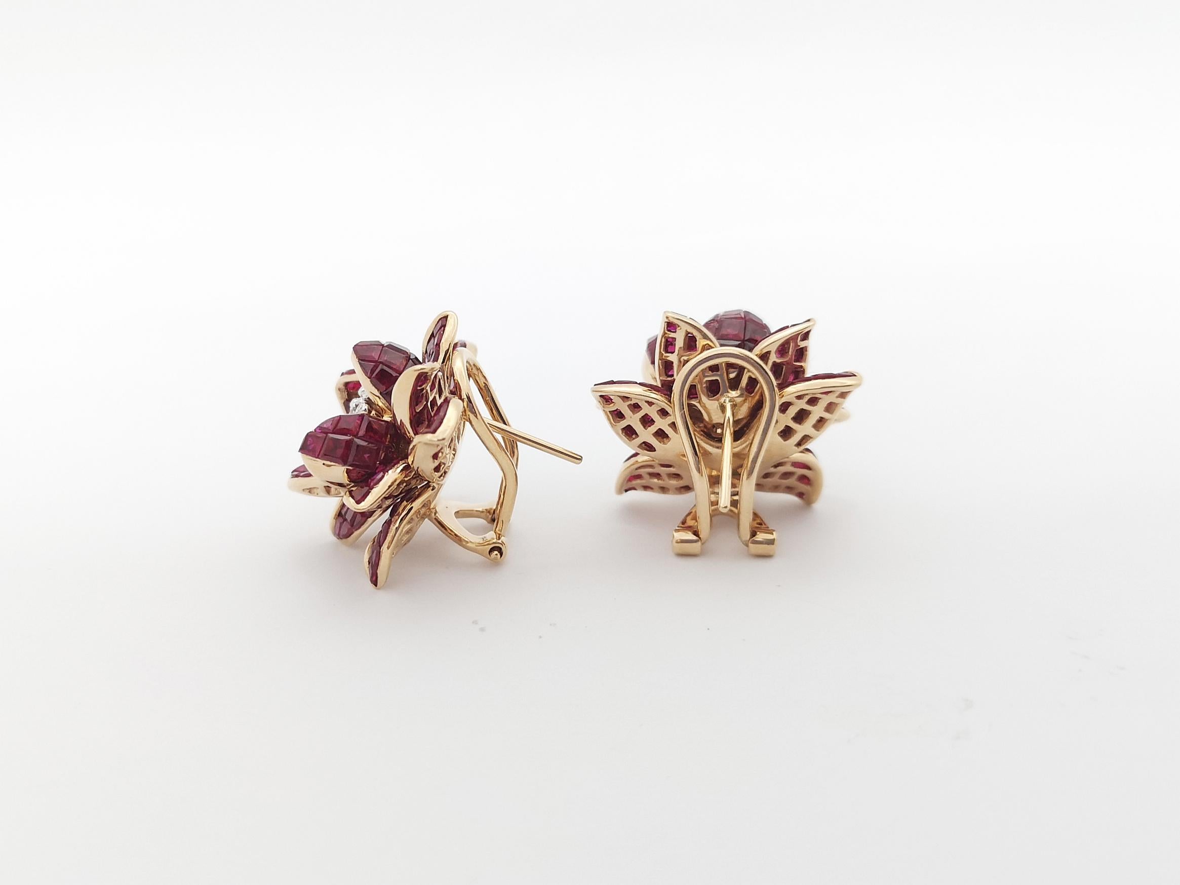 Women's Ruby with Diamond Flower Earrings Set in 18k Rose Gold Setting For Sale