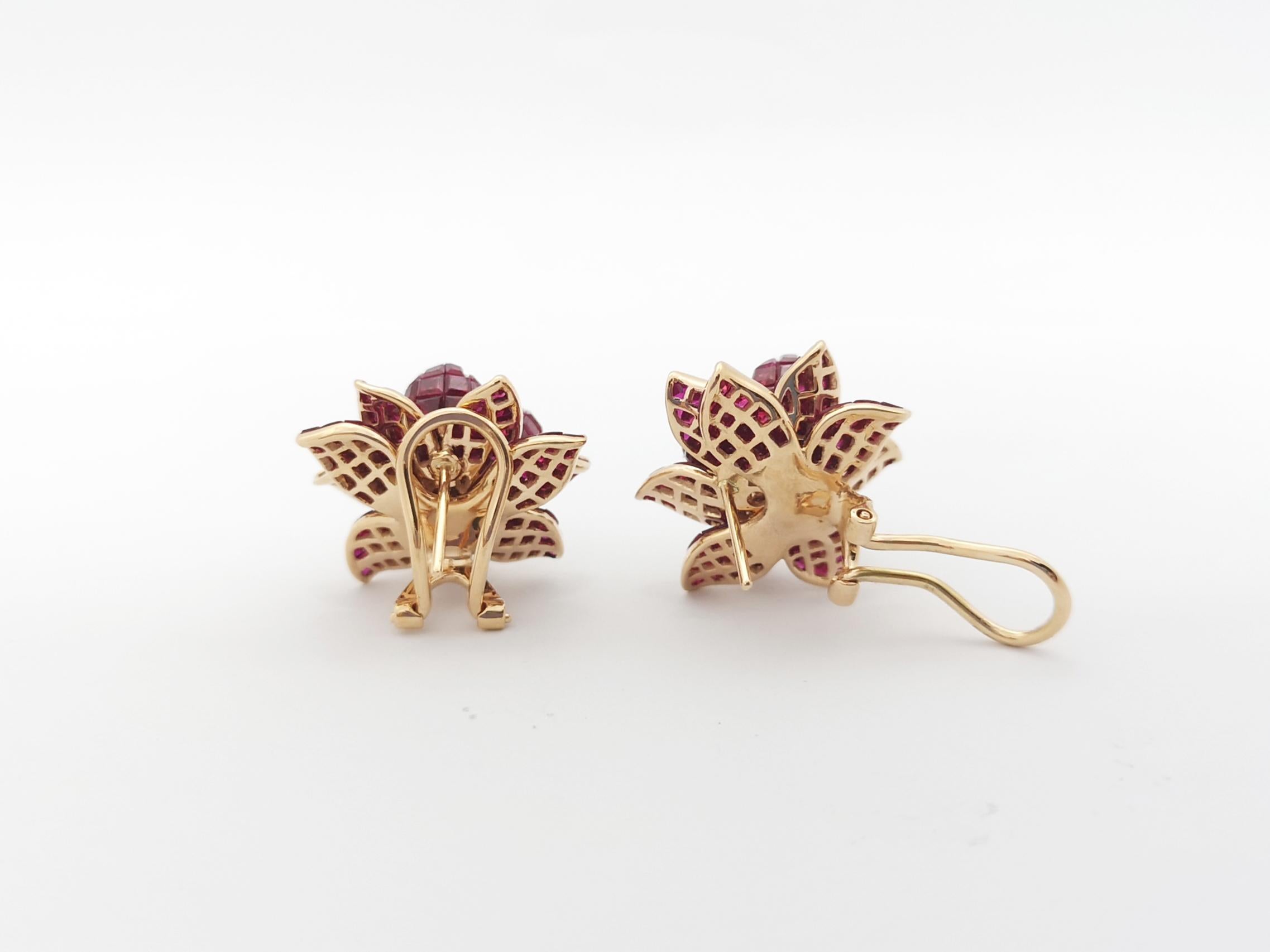 Ruby with Diamond Flower Earrings Set in 18k Rose Gold Setting For Sale 1