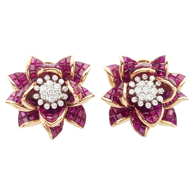 Ruby with Diamond Flower Earrings Set in 18k Rose Gold Setting For Sale at 1stDibs