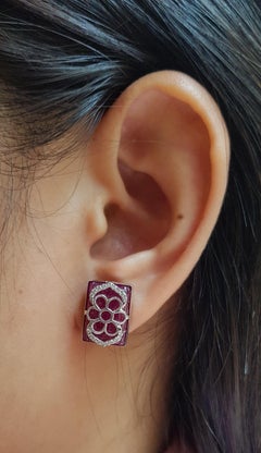 Ruby with Diamond Flower Motif Earrings Set in 18 Karat White Gold Settings