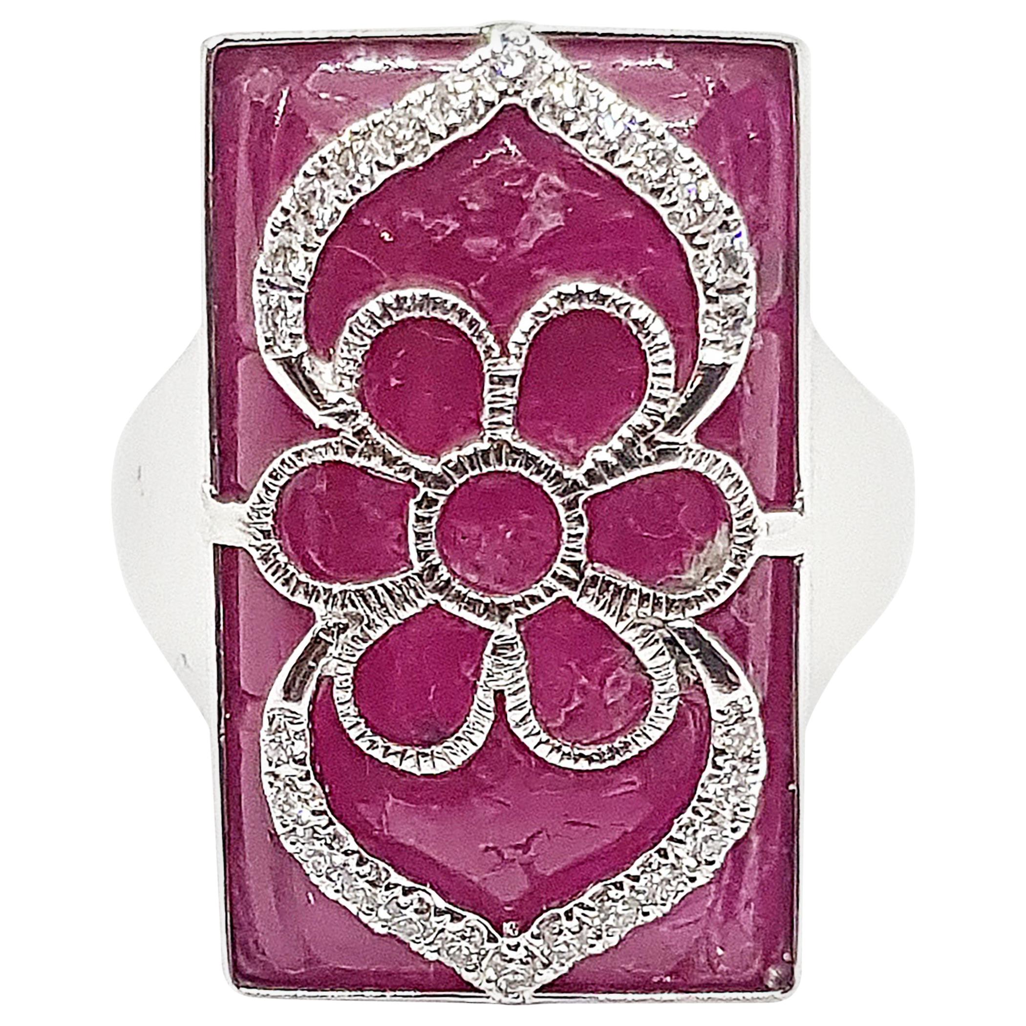 Ruby with Diamond Flower Motif Ring Set in 18 Karat White Gold Settings For Sale