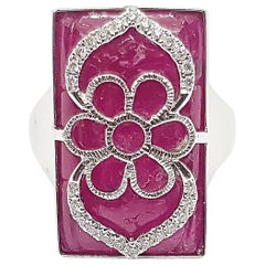 Ruby with Diamond Flower Motif Ring Set in 18 Karat White Gold Settings