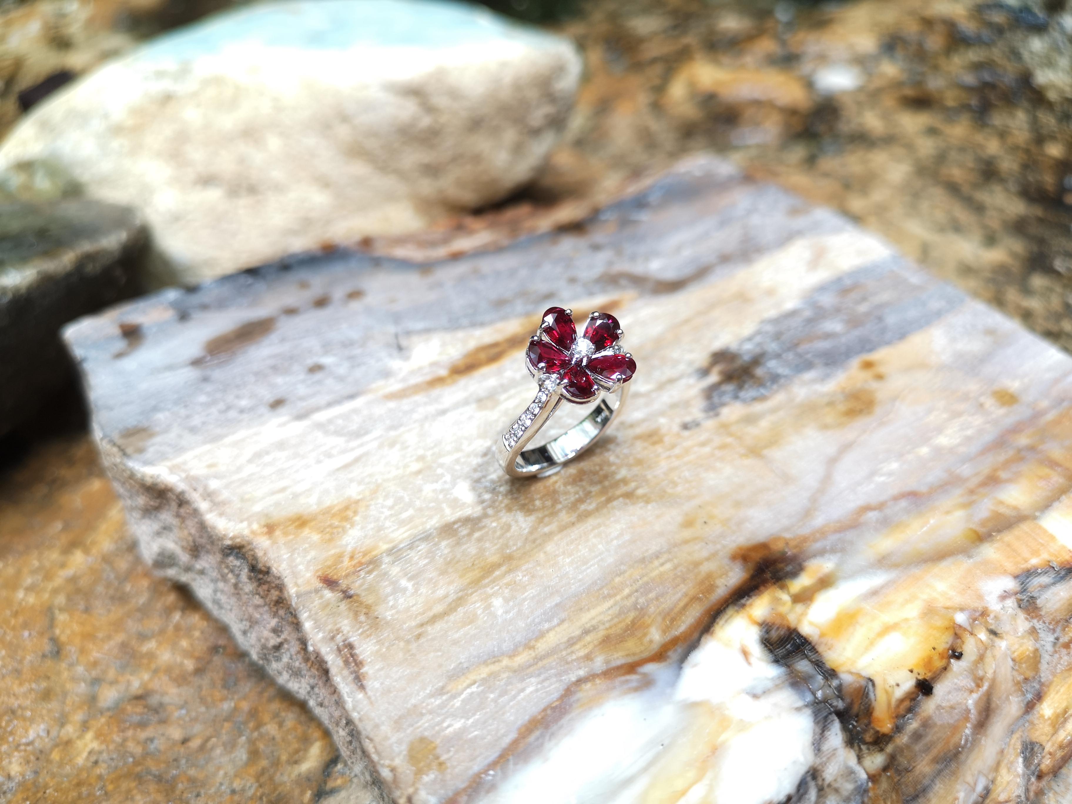 Contemporary Ruby with Diamond Flower Ring Set in 18 Karat White Gold Setting