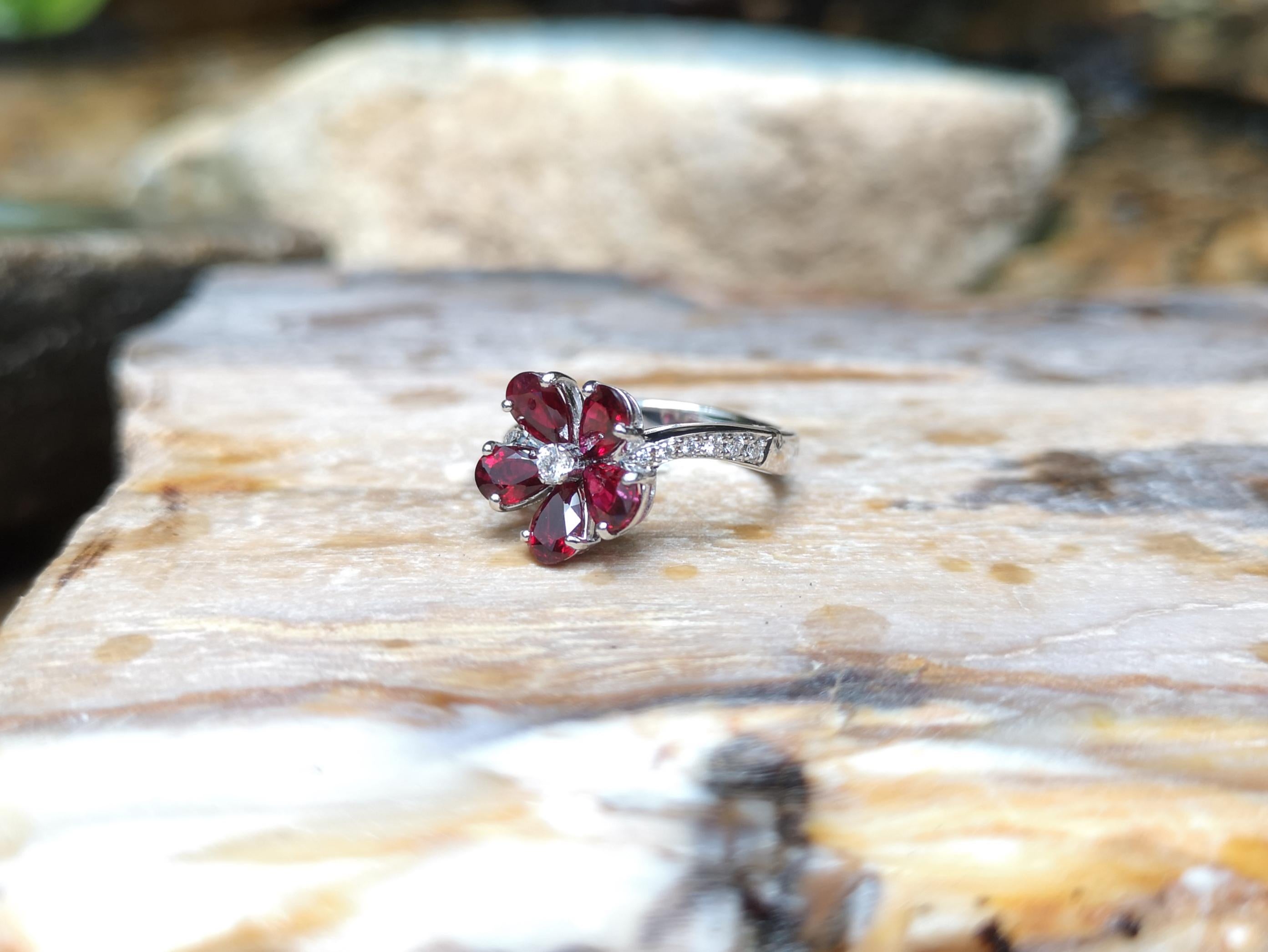 Ruby with Diamond Flower Ring Set in 18 Karat White Gold Setting 1