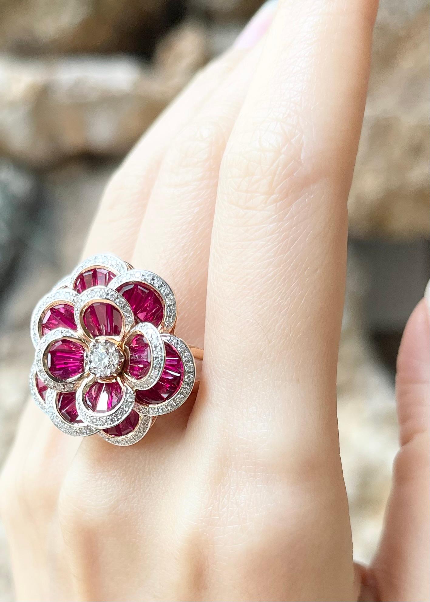 Mixed Cut Ruby with Diamond Flower Ring set in 18K Rose Gold Settings For Sale