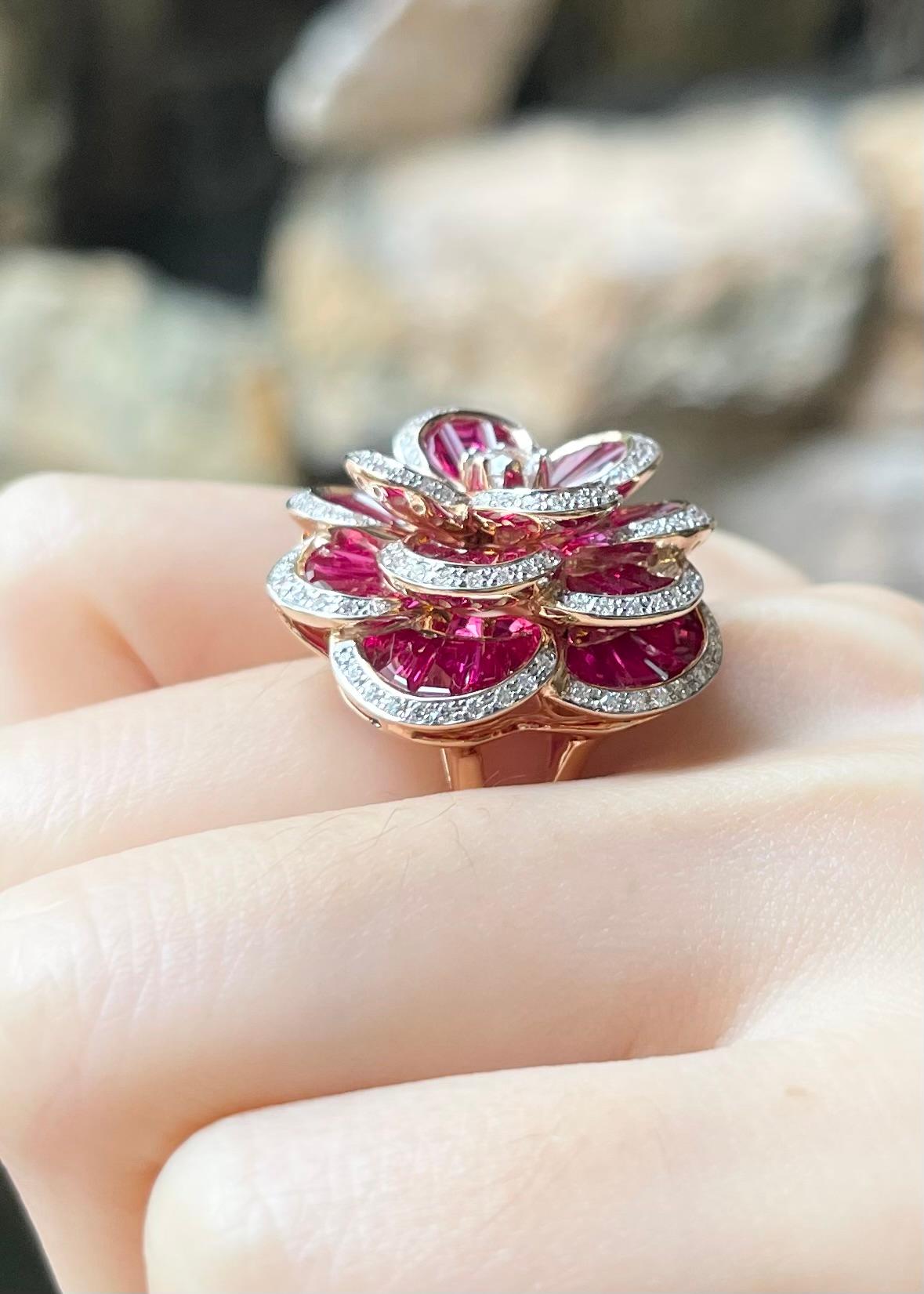 Women's Ruby with Diamond Flower Ring set in 18K Rose Gold Settings For Sale