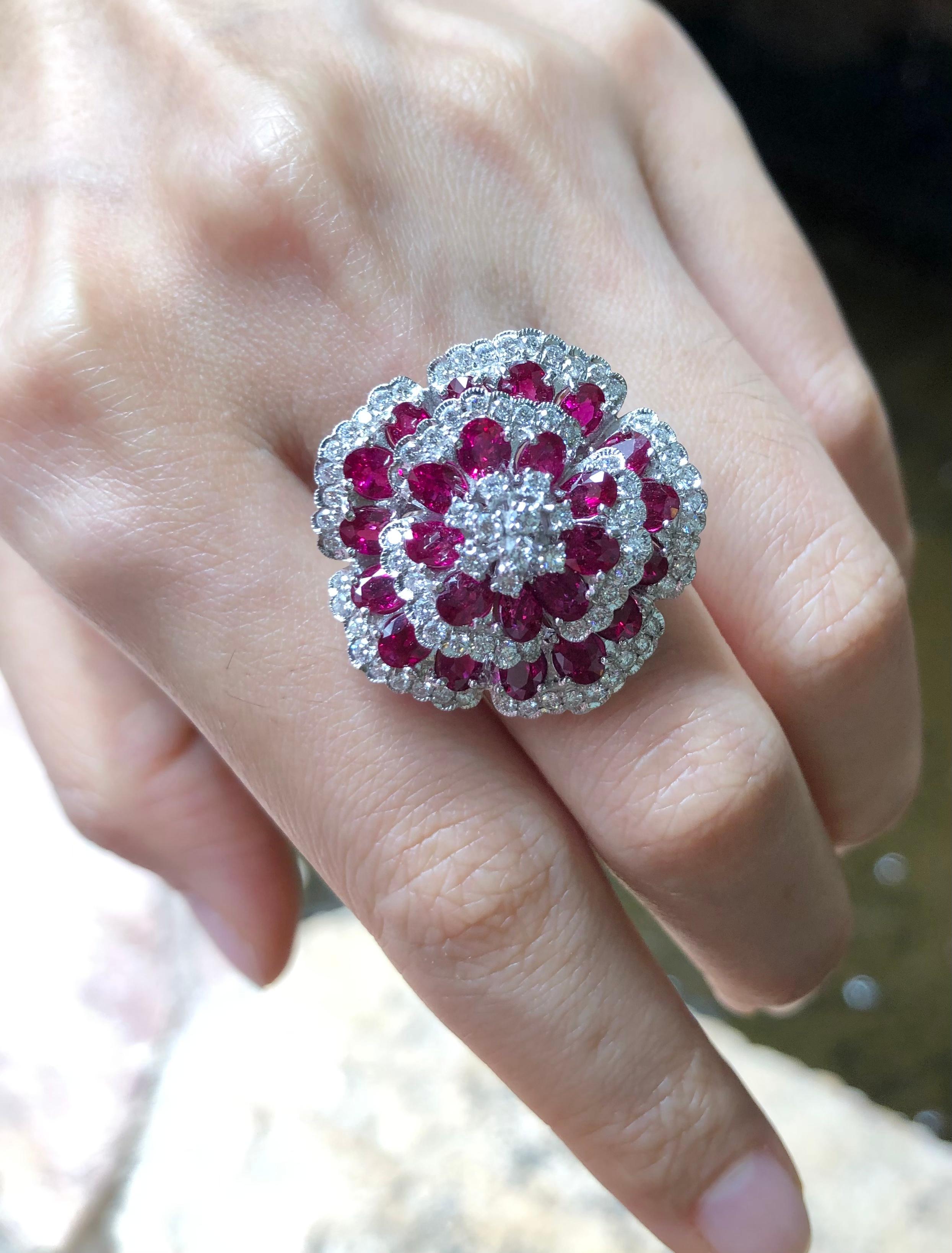 Ruby 5.90 carats with Diamond 0.95 carat Ring set in 8 Karat White Gold Settings

Width:  2.6 cm 
Length:  2.6 cm
Ring Size: 54
Total Weight: 16.91 grams


