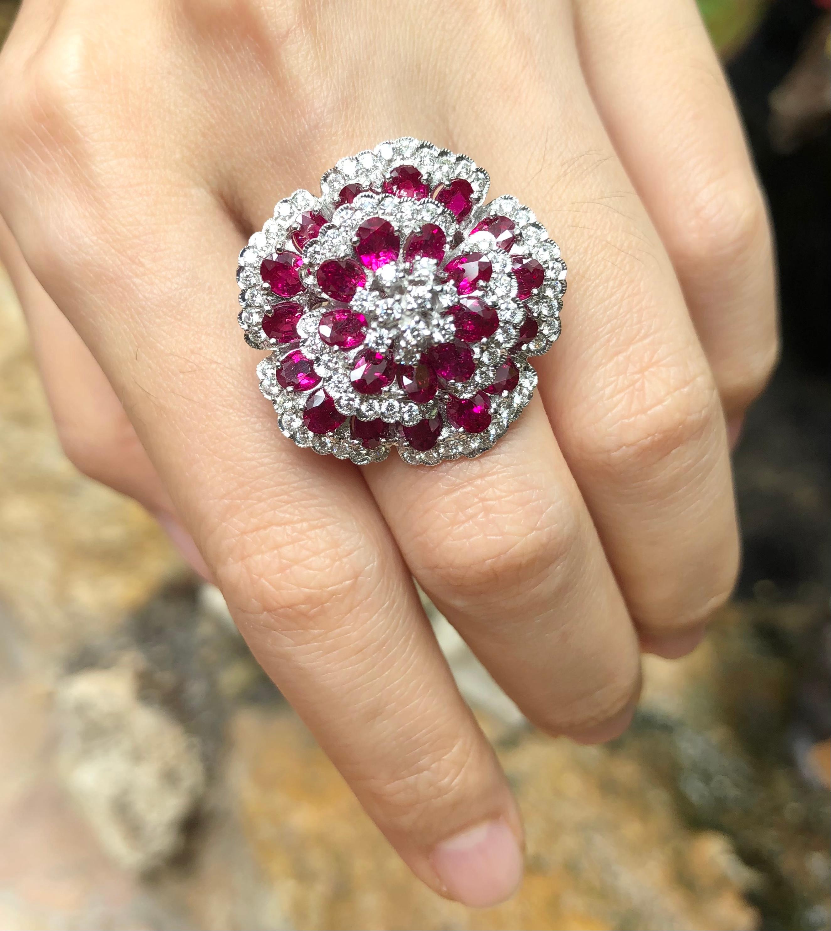 Mixed Cut Ruby with Diamond Flower Ring set in 8 Karat White Gold Settings For Sale