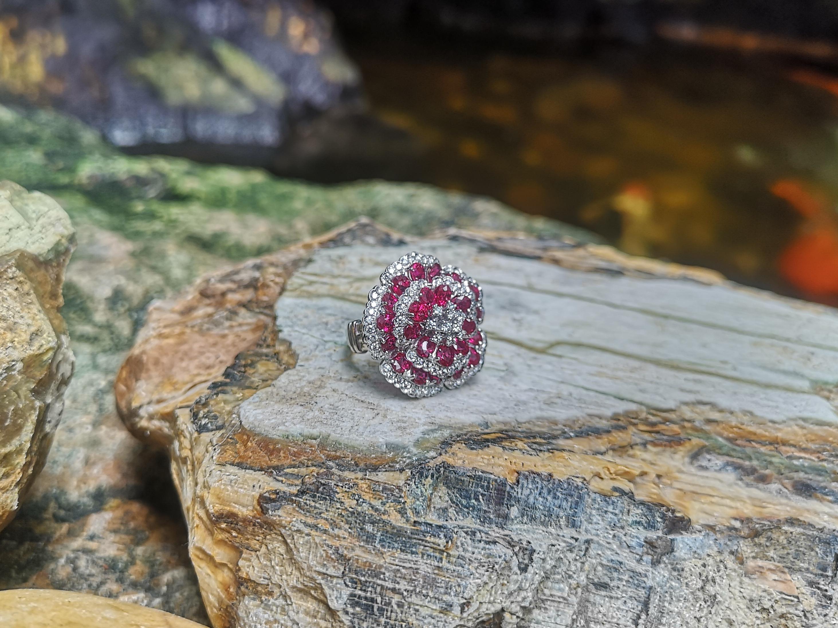 Women's Ruby with Diamond Flower Ring set in 8 Karat White Gold Settings For Sale
