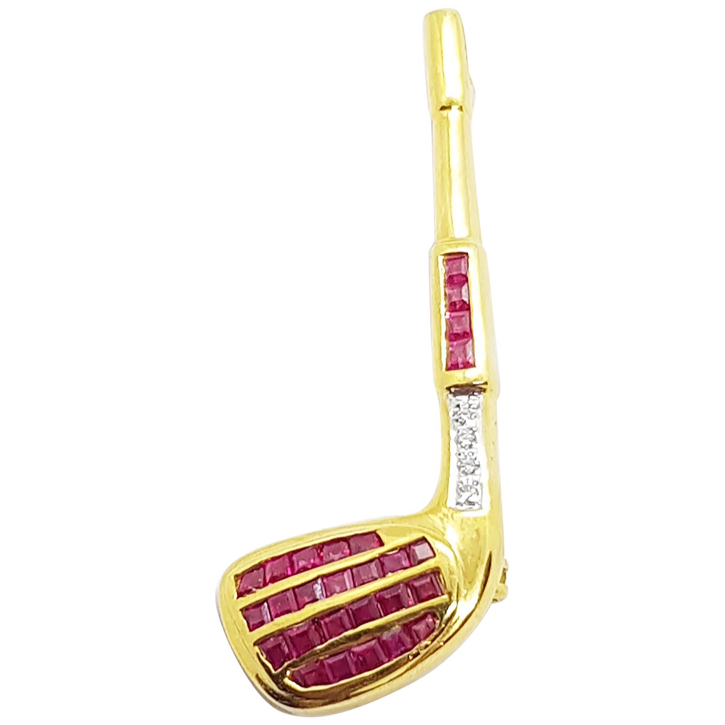 Ruby with Diamond Golf Brooch Set in 18 Karat Gold Settings For Sale