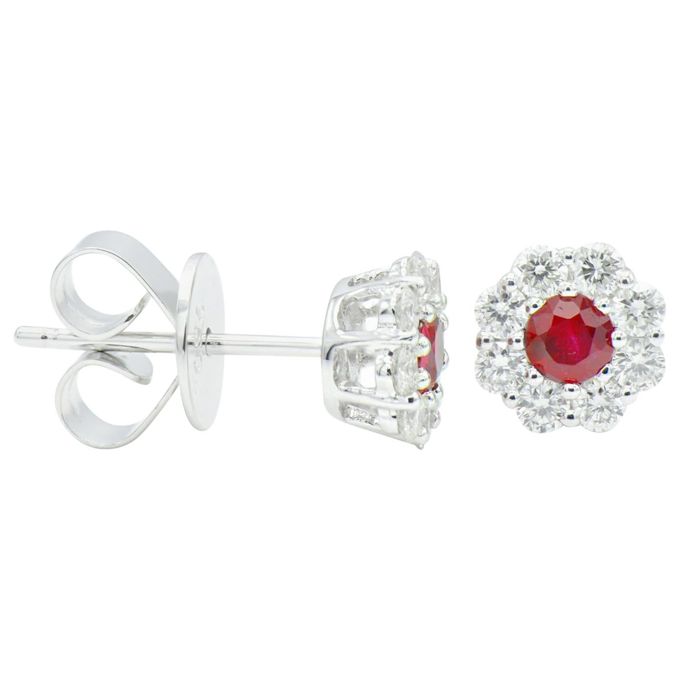 Ruby with Diamond Halo Studs For Sale
