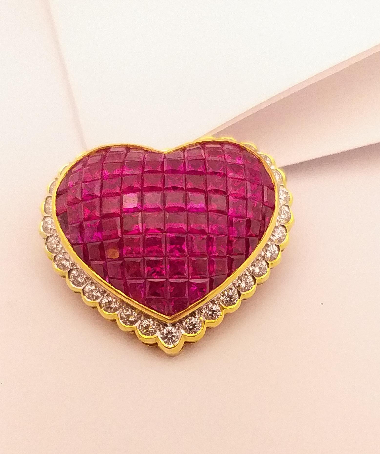 Women's Ruby with Diamond Heart Brooch/Pendant Set in 18 Karat Gold Settings