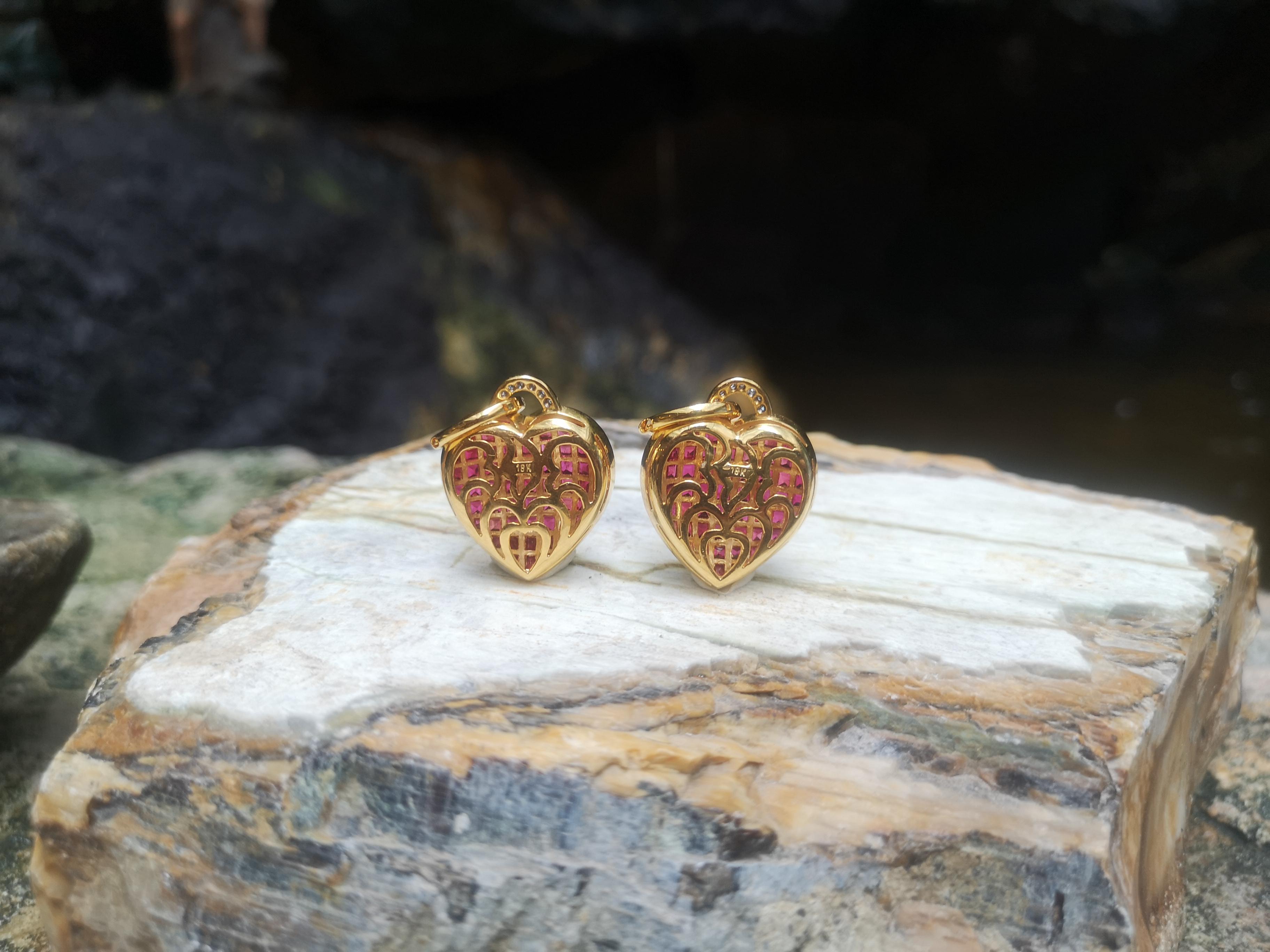 Contemporary Ruby with Diamond Heart Earrings Set in 18 Karat Gold Settings For Sale