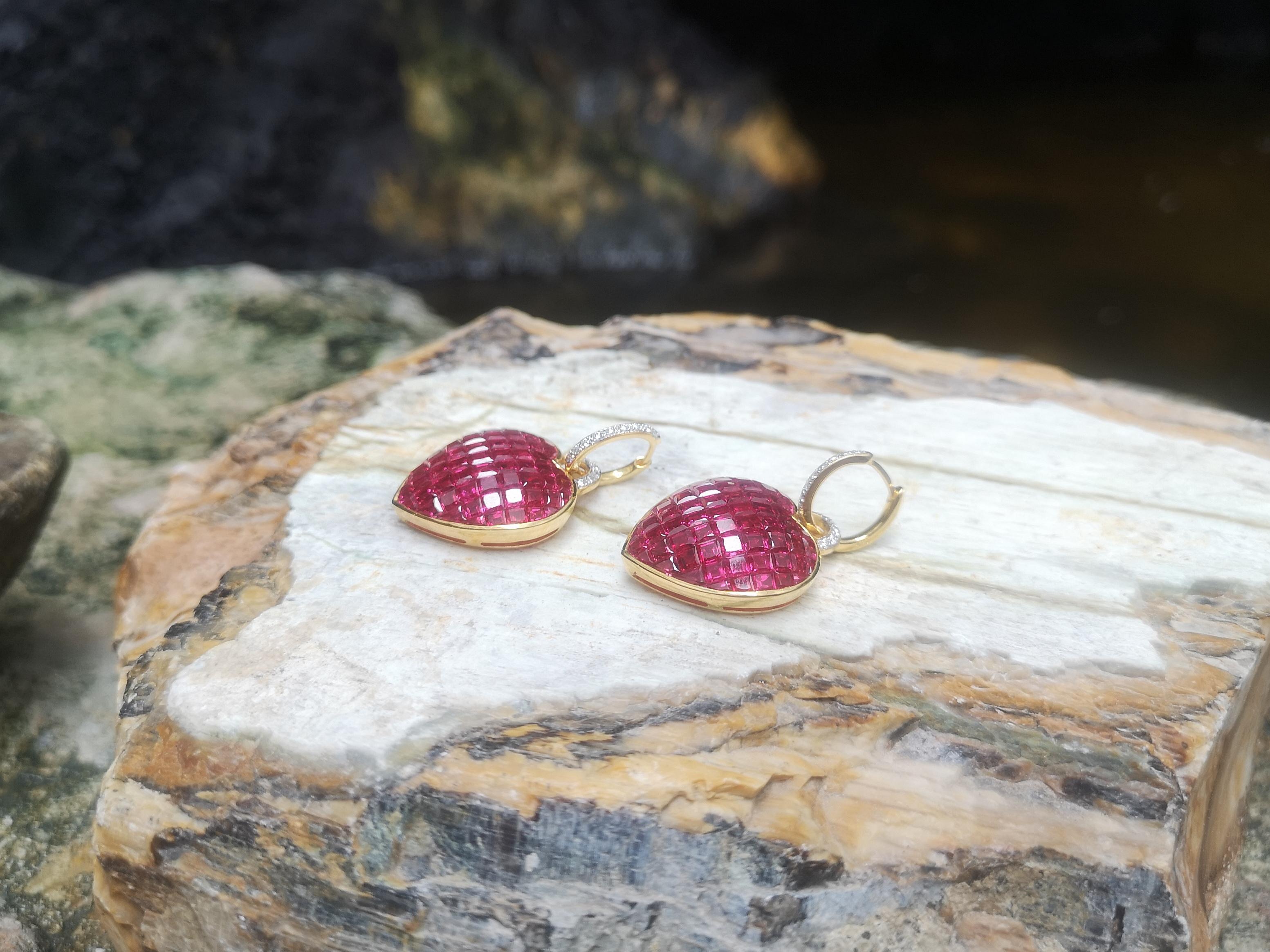 Women's Ruby with Diamond Heart Earrings Set in 18 Karat Gold Settings For Sale